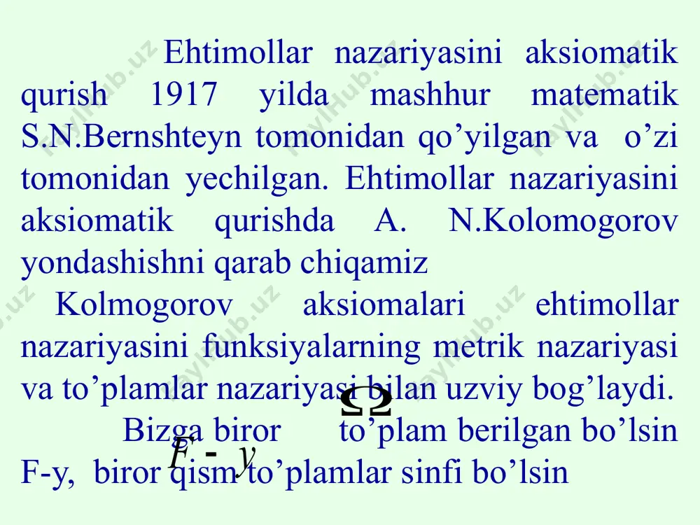 bilan uzviy bog’laydi. bizga biror to’plam berilgan bo’lsin f-y, biror qism to’plamlar sinfi bo’lsin ta’rif: agar 1. 2. 3. misol. tajriba o’yin soqqasini bir marta tashlashdan iborat bo’lin. u holda bo’ladi. bu holda bo’lib ta elementdan iborat bo’ladi. ta’rif: agar to’plam va uning – qandaydir qism to’plamlar - algebrasi berilgan bo’lsa, u holda - o’lchovli fazo berilgan deyiladi. biz ni elementar hodisalar fazosi deymiz. uning elementlari elementar hodisalar, -algebra elementlarini esa tasodifiy hodisa deymiz. muqarrar hodisani bilan, mumkin bo’lmagan hodisani belgilaymiz. endi a. n. kolmogorov aksiomalarini keltiramiz. 1-aksioma: har qanday hodisaga uning ehtimoli deb ataluvchi manfiy bo’lmagan soni mos qo’yiladi. 2-aksioma: -muqarrar hodisaning ehtimolligi birga teng. 9 3 aksioma (qo’shish aksiomasi): agar lar juft–jufti bilan birgalikda ro’y bermasalar ehtimollar nazariyasining ba’zi masalalarini qarashda 3-aksiomani kengaytirish zarurati tug’iladi. образец текста второй уровень третий уровень четвертый уровень пятый уровень 3΄ aksioma (qo’shishning kengaytirilgan aksiomasi): hodisalari juft- jufti bilan birgalikda bo’lmagan hodisalar bo’lsalar …