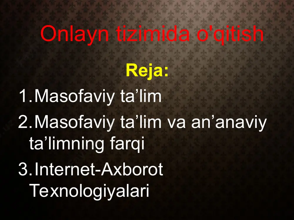 . shuningdek, har qanday vaqtda akt yordamida suhbat tashkillashtiriladi. masofaviy ta’lim an’anaviy ta’limdan quyidagilar bilan farqlanadi: -moslashuvchanlik. o’ziga qulay bo’lgan vaqtda, joyda va tezlikda ta’lim olish; -tezlik. o’qitish qurollaridan o’quv kurslariga tegishli bo’lmagan holda foydalanish, tezlik bilan o’quv rejasini tashkil etish. -ta’lim jarayoniga ishlab chiqarishdan ajralmagan holda professional yondashuv. (elektron bibliotekalar, ma’lumotlar, bilimlar borasida va hokazo. -rejalilik. o’quv qurollaridan texnik jihozlar, transport jihozlaridan foydali ravishda foydalanish, ta’limga oid ma’lumotlar bir joyda to’plash va bir xil shaklga keltirish. -o’qituvchining yangicha yondashuvi. masofaviy ta’lim o’qituvchining rolini shakllantiradi va yangilaydi, shuningdek bilim jarayonini muvofiqlashtiradi, kurslarga dars berishida malakasini oshirib boradi. masofaviy ta’lim sifati kunduzgi ta’lim sifatini tushirmaydi, malakali professor o’qituvchilar jamoasini tuzishda va ta’lim jarayonida ilg’or o’quv uslubiy nashrlari va testlarni qo’llashda ko’maklashadi. “masofaviy ta’lim” biror bir muhim texnologiya bilan rivojlanmaydi, u ta’lim usulini tasvirlaydi, bu narsa ta’lim olayotgan talabani sinfda yaxshi natijaga erishishiga yordam beradi. masofaviy ta’lim usullari. masofaviy ta’lim tizimiga quyidagi …