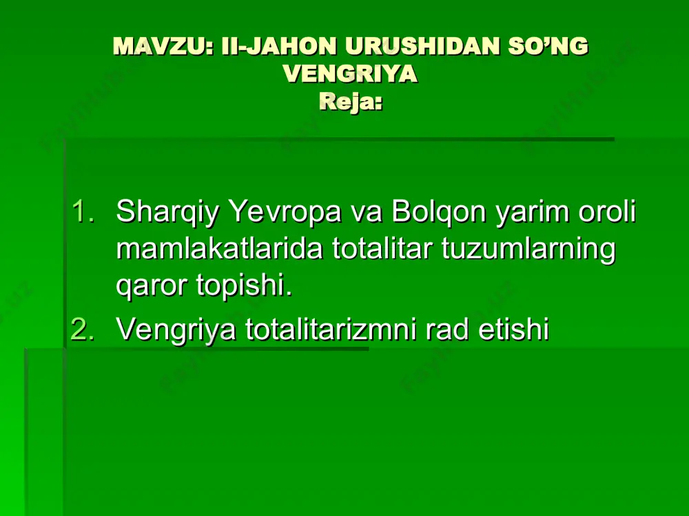 i namunaviy ishlab chiqarishni eslatar edi. kommunistik partiyalar "rahbar va boshqaruvchi kuch" bo'lib qoldi hamda sovet ittifoqi bosib o'tgan yo'lni ko'r-ko'rona takrorlay boshladi. to'g'ri, xuddi boshqalariga o'xshash ayrim partiyalar saqlanib qoldi, biroq bu kommunistlarning bir partiyalik diktaturasini niqoblash, go'yo plyuralizm borligini ko'rsatish uchun bahona edi. o'tkazilgan namunaviy islohotlar bir xil iqtisodiy va siyosiy strukturani yuzaga keltirdi. xususiy korxonalarni davlat ixtiyoriga o'tkazish yo'li bilan iqtisodda ulkan davlat sektori tashkil etildi. davlat rejalashtirish apparati o'ta markazlashgan iqtisodiy siyosatni amalga oshira bordi. xuddi sovet ittifoqida bo'lgani kabi keng ko'lamda sanoatlashtirish tadbirlari o'tkazildi. sovet ittifoqi boshchiligida ushbu mamlakatlarning sotsialistik lagerga kirishi ularning jahon iqtisodi va siyosatidagi o'rnini keskin o'zgartirib yubordi. 1949-yilda o'zaro iqtisodiy yordam kengashi tashkil etilib, u sharqiy yevropa va sssrdagi integratsiyalashuv jarayonining asosiy boshqaruvchi organi bo'lib qoldi. mazkur kengash avvaliga savdo sohasida, so'ngra ishlab chiqarishda ko'p tomonlama hamkorlikka asos soldi. o'zaro yordam to'g'risidagi shartnoma imzolandi. 50-yillar boshida sovet ittifoqi va sotsialistik lagerga …