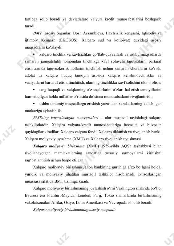 kengash hisoblanadi. jahon bankining xar bir boshqaruvchisi avtomatik ravishda xalqaro moliyaviy birlashmaning boshqaruvchisi hisoblanadi. direktorat xalqaro moliyaviy birlashmaning joriy faoliyatini yo‘naltirib boradi. xalqaro institutlarning yetakchi sakkizta vakllaridan iborat bo‘lgan bank maslahati komissiyasi o‘zliksiz ravishda xalqaro moliyaviy birlashma rahbariyati bilan uchrashib, xizmatga oid va siyosiy muammolarni birgalikda hal qilib boradi. moliyaviy manbalari. xalqaro moliyaviy birlashmaning manbalariga a’zolarning nizom sarmoyalariga bo‘lgan ballari, xalqaro tiklanish va rivojlanish bankining kreditlari, foydadan ajratmalar, kreditlarni qaytarishdan kelgan mablag‘lar hamda xalqaro moliyaviy bozorlarda jalb qilinadigan mablag‘lar hisoblanadi. xalqaro moliyaviy birlashmaning faoliyati. xalqaro moliyaviy birlashma kreditlarni 5 yildan 15 yilgacha yuqori samarali xususiy korxonalarga berish bilan xalqaro tiklanish va rivojlanish bankidan farqli ravishda hukumatning kafolatisiz ish tutadi. shunday qilib, xalqaro moliyaviy birlashma xususiy sektor tomonidan barpo etilgan loyihalarni qo‘shimcha ravishda moliyalashga ko‘maklashadi. keyingi yillarda xalqaro moliyaviy birlashma o‘zini ko‘rsatishda kuchaydi. kreditlar va sarmoyalarni umumiy xajmi 7 mlrd. aqsh dollarni tashkil etadi. 1986-yil xalqaro moliyaviy birlashma uzoq muddatli rivojlanish …