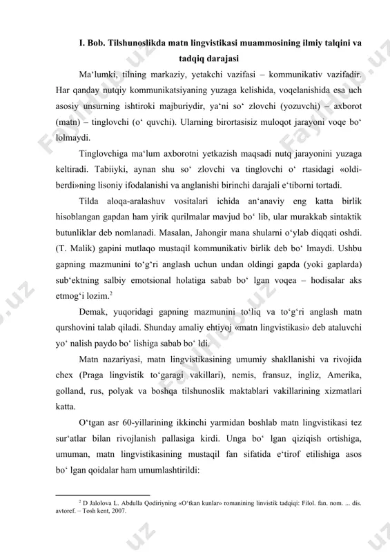 an bo‘ lib, tilshunoslar bir – biri bilan hech qanday aloqasi bo‘ lmagan gaplarni bir butunlik tarzida birlashtirib bo‘ lmasligini qayd etadilar. shunday ekan, matn – hamma elementlari o‘ zaro zich aloqada bo‘ lgan va avtor nuqtai nazaridan ma‘lum bir maqsadga yo‘ naltirilgan nominativ – estetik axborotni ifodalovchi murakkab tuzilma; gaplarning og‘zaki yoki yozma shaklda yuzaga keladigan struktur, mazmuniy va kommunikativ yaxlitligi tarzidagi butunlik, til sintaktik sathining oliy darajadagi birligidir. 1.2. matnning badiiyligini ta’minlashda lingvistik va ekstralingvistik vositalarning o‘rni kishilar o‘ rtasidagi aloqa – kommunikatsiya og‘zaki nutqdan tashqari matnlar vositasida amalga oshar ekan, matn tuzuvchi tegishli badiiy yoki nobadiiy matn tipini tanlaydi. tilning kommunikativ vazifasi bilan birga estetik vazifasi haqida ham to‘xtalish lozim. chunki, so‘ zlovchi o‘ z fikrlarini qanday ifodalash, tinglovchiga aniq yetkazib berishni o‘ ylaydi, buning uchun o‘ziga xos usul tanlaydi. aynan shu jarayonda tilning estetik vazifasi yuzaga chiqa boshlaydi. badiiy matnda muallifning o‘ quvchi yoki kitobxonga estetik …