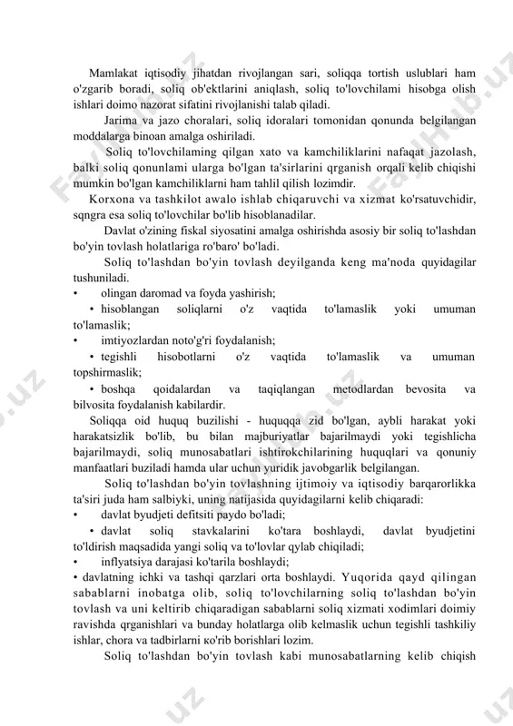 'ladi; · davlat soliq stavkalarini ko'tara boshlaydi, davlat byudjetini to'ldirish maqsadida yangi soliq va to'lovlar qylab chiqiladi; · inflyatsiya darajasi ko'tarila boshlaydi; • davlatning ichki va tashqi qarzlari orta boshlaydi. yuqorida qayd qilingan sabablarni inobatga olib, soliq to'lovchilarning soliq to'lashdan bo'yin tovlash va uni keltirib chiqaradigan sabablarni soliq xizmati xodimlari doimiy ravishda qrganishlari va bunday holatlarga olib kelmaslik uchun tegishli tashkiliy ishlar, chora va tadbirlarni ко'rib borishlari lozim. soliq to'lashdan bo'yin tovlash kabi munosabatlarning kelib chiqish sabablariga quyidagi omillar ta'sir qiladi. ma'naviy omillar - bu faktorlar soliq qonunlarini ijtimoiy, doimiylik va daxlsizlik printsiplariga to'g'ri kelmaslik bo'lib, qonunlarning obro'sini va ta'sirini pasaytiradi. bundan tashqari soliq stavkalarining yuqori bo'lishi, o'z navbatida, soliq to'lovchilar tomonidan unga nisbatan ichki qarshilik hissini uyg'otadi va soliq to'lashdan bo'yin tovlash to'g'risidagi turli xil fikrlarga olib keladi. masalan; foyda solig'ining stavkasini yuqoriligi, korxonadan foyda olishga bo'lgan ishtiyoqini pasaytirib yuboradi yoki qandaydir yo'llar bilan soliqqa tortiladigan foyda hajmini kamaytirish …