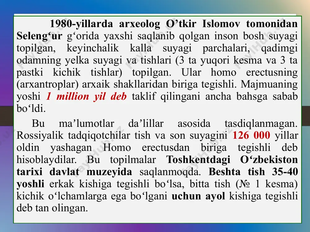 tarixini o’rganishda o’zlarining juda katta hissasini qo’shdilar. shuni ham ta’kidlab o’tish kerakki, so’nggi yillar ichida ham arxeologlarning katta gruppasi yetishib chiqdi. a. asqarov, a. muhammadjonov, o’. islomov, yu. f. buryakov, r. sulaymonov, a. s. sagdullayev, n. ne’matov, e. v. rtveladze, m.jo’raqulov va boshqalarni aytish mumkin. shuningdek arxeologlar qashqadaryo vohasida arxeologik amaliyotni olib borib, vohada miloddan avvalgi vii-iv asrlarga oid 30 ta yodgorlik topib o’rgandilar. yerqo’rg’on - yerqo’rg’on va qorovultepa yodgorliklari; qizildaryo vohasi - chiroqtepa va jartepa; guldaryo - qo’rg’oncha va beshqo’rg’ontepa; tanxozdaryo vohasi - nomsiztepa, saratepa 1,2,3; sho’rabsoy vohasi - sangirtepa, podayotoq, uzunqir 1908 yilda samarqandda v.l.vyatkin tomonidan ulug’bek rasadxonasining qoldig’i topilib tekshirildi. 1925-30 yillarda ham ish olib bordi. s.p.tolstov boshchiligidagi guruh xorazmda, v.a.shishkin boshchiligidagi guruh buxoro viloyatining g’arbiy qismida tekshirishlar o’tkazdilar. 1938 yilda a.p.okladnikov tomonidan boysun tog’ining teshiktosh deb atalgan g’oridan topilgan yodgorliklarni alohida ta’kidlab o’tish kerak. bu yerda o’tkazilgan arxeologiyaga oid izlanishlar natijasida ko’pgina ashyoviy dalillar bilan bir …