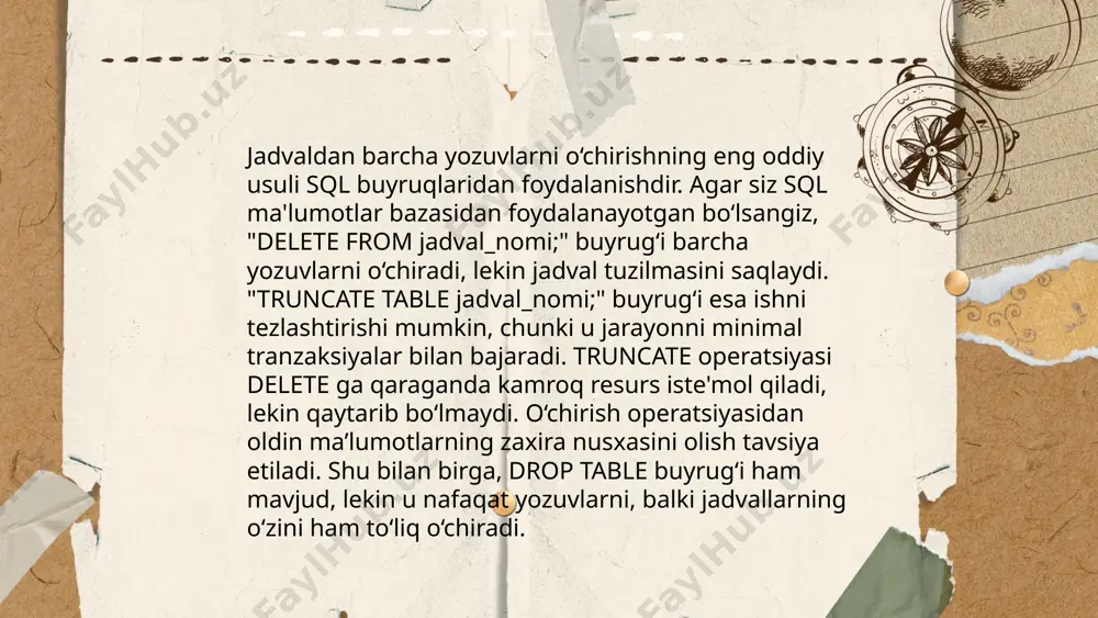 llamaydi va ma'lumotlarning butun jadvalini o'chiradi. foydalanilganda odatda jadvallar ichidagi barcha ma'lumotlar tozalab tashlanadi, lekin jadvalning o'zi saqlanadi. bu operatorni ishlatish ba'zi dbmslarda ma'mur huquqlarni talab qilishi mumkin. aniqlashtirish uchun, truncate tezroq va kamroq resurs talab qiladi, lekin qaytarib bo'lmaydi. ... t.me/slaydai_bot 10. `delete` va `truncate` sql buyruqlarining asosiy farqlari quyidagilardan iborat: `delete` specifik satrlarni o'chirish uchun ishlatiladi va `where` sharti bilan birga kelishi mumkin, shuningdek, tranzaktsiyalar orqali rollback qilinishi mumkin. bu buyruq sekinroq ishlashi mumkin, chunki har bir satr o'chiriladi. `truncate` esa butun jadvalni tezda tozalaydi va tranzaktsiyalar bilan rolling-back qilinmaydi. `truncate` ishlatilganda saqlangan jadvalning tuzilmasi o'zgarmaydi, ammo barcha ma'lumotlar o'chiriladi. yana bir muhim farq, `truncate` o'chirilgan satrlar sonini qaytarmaydi. ... t.me/slaydai_bot "rollback" va "commit" sql da tranzaksiyalarni boshqarish uchun ishlatiladi. "commit" buyrug'i amalga oshirilgan o'zgarishlarni ma'lumotlar omboriga saqlaydi. "rollback" esa bajarilgan tranzaksiyalarni bekor qilib, ma'lumotlarni oldingi holatiga qaytaradi. masalan, agar foydalanuvchi yangi ma'lumot qo'shishni xohlayotgan bo'lsa, lekin xatolik …