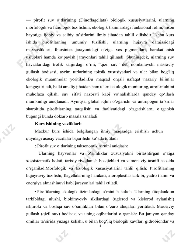 foydalanilgan adabiyotlardan tashkil topgan. hajmi 30 listdan iborat. i bob. pirofit suv oʻtlarining umumiy morfofiziologik xususiyatlari 0. pirofit suv oʻtlarining taksonomik oʻrni va sistematik tavsifi 0. pirofit suv o‘tlarining ilmiy o‘rganilishi protistlar sistematikasi doirasida olib boriladi. ular tarixan pyrrophyta deb nomlangan bo‘lsada, hozirgi zamonaviy tasnifda dinoflagellata bo‘limi sifatida alohida ajratilgan. ular protista yoki chromista supershohligiga kiritiladi (sistematik maktabga qarab farqlanishi mumkin). dinoflagellatalar ko‘pincha fitoplankton tarkibida eng ko‘p uchraydigan, yagona hujayrali, ikki flagellali organizmlar sifatida tanilgan bo‘lib, ularning ayrim vakillari fotosintez qila oladi, boshqalari esa heterotrof yoki mikstotrof hayot tarziga ega. taksonomik o‘rni (zamonaviy qarashlarga ko‘ra): sho‘ba (superkingdom): eukaryota shohlik: chromista (yoki protista) tip: dinoflagellata (yoki bo‘lim: pyrrophyta) sinf: dinophyceae tabaqa: peridiniales, gonyaulacales, gymnodiniales va boshqalar tur: ceratium, peridinium, noctiluca, gonyaulax, alexandrium va boshqalar sistematik va morfologik xususiyatlar: dinoflagellatalar juda qadimgi protistlar bo‘lib, ulardan ayrimlarining qoldiqlari toshqotlamalarda ham uchraydi. ular odatda 20–200 mikrometr oralig‘ida bo‘lgan, murakkab tuzilgan yagona hujayrali organizmlardir. hujayralarining …