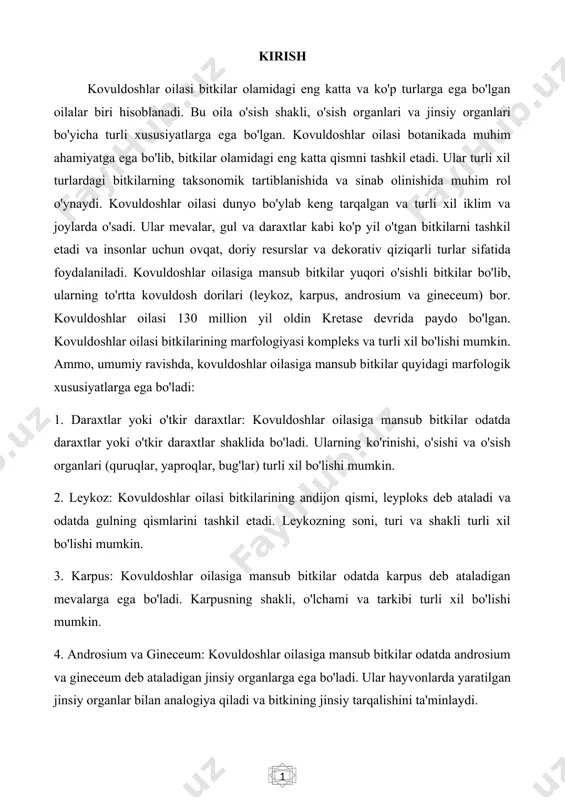 b ataladi va odatda gulning qismlarini tashkil etadi. leykozning soni, turi va shakli turli xil bo'lishi mumkin. 3. karpus: kovuldoshlar oilasiga mansub bitkilar odatda karpus deb ataladigan mevalarga ega bo'ladi. karpusning shakli, o'lchami va tarkibi turli xil bo'lishi mumkin. 4. androsium va gineceum: kovuldoshlar oilasiga mansub bitkilar odatda androsium va gineceum deb ataladigan jinsiy organlarga ega bo'ladi. ular hayvonlarda yaratilgan jinsiy organlar bilan analogiya qiladi va bitkining jinsiy tarqalishini ta'minlaydi. 1.1 kovuldoshlarning kelib chiqishi kovuldoshlar oilasiga mansub bitkilarning yaproqlari turli xil shakllarda bo'lishi mumkin va ularning o'sishi, rangi va tarkibi turli xil bo'lishi mumkin. kovuldoshlar oilasiga mansub bitkilar odatda bu marfologik xususiyatlarga ega bo'ladi, ammo har bir turga xos xususiyatlar va turli xil shakllar mavjud bo'lishi mumkin. bu marfologik xususiyatlar bitkining turiga, turi va hayot muhitiga bog'liq ravishda o'zgarishi mumkin. kovuldoshlar oilasi (fabaceae yoki leguminosae) bitkilar oilasi, dunyoning eng katta bitkilar oilalaridan biridir va odatda boshqa bitkilar oilalari bilan taqqoslanadi. …