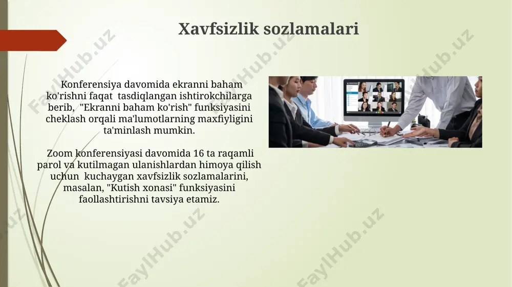 asini (masalan, 30 minut) belgilang va har bir savolga taxminan 2-3 minut ajrating. anketalar va so'rovnomalar zoom konferentsiyasi davomida 5 tadan ortiq savollarni o'z ichiga olgan keng ko'lamli anketa yoki so'rovnoma o'tkazish, ishtirokchilarning javoblarini tahlil qilish va natijalarni grafik ko'rinishda taqdim etish uchun maxsus vositalardan foydalanish samaradorligini oshiradi. konferentsiya ishtirokchilarining 70% dan ortig'i qiziqishiga mos keladigan mavzular bo'yicha anketalar yordamida oldindan fikrlarni o'rganish, konferentsiya dasturini yanada qiziqarli va samarali qilish imkonini beradi. konferensiyani yozib olish zoom’ning pro versiyasi bir vaqtning oʻzida 49 dan ortiq ishtirokchining videolarini yozib olish imkonini beradi, bu esa katta miqyosdagi tadbirlar uchun juda qulaydir. zoom platformada konferensiyani yozib olishda, 720p yoki 1080p kabi turli xil video sifatlarini tanlash imkoniyati mavjud boʻlib, bu fayl hajmi va sifat oʻrtasidagi muvozanatni taʼminlaydi. konferensiya samaradorligini baholash zoom platformasining analitik vositalaridan foydalanib, konferensiya davomiyligi, ishtirokchilar soni va ularning ulanish vaqti kabi metrikalarni tahlil qilish orqali konferensiya samaradorligini aniq baholash mumkin. konferensiyaning …