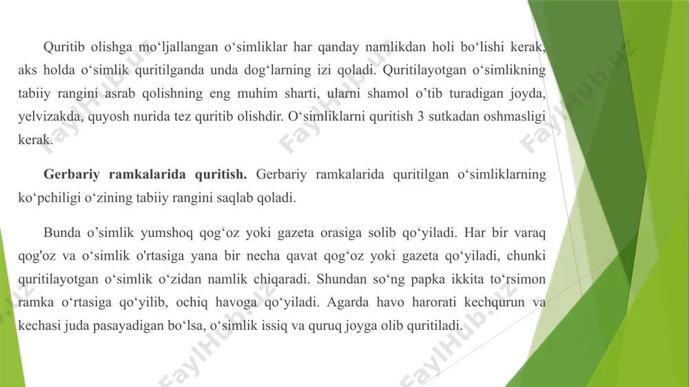 ishini grafik tasvirlash; 2. predmetning qismlari uchun shakli hamda o’lchamlari bir xil bo'lgan barglarni topish; 3. ularni qog'ozga joylashtirish; 4. ishning bajarilish texnologiyasi haqida tushuntirib berish; 5. ishni amaliy bajarish. applikatsiyani bajarish bo‘yicha mustaqil ish: 1. shaklni, o'lcham va bo‘yoqlarni to‘g‘ri tanlash; 2. yelimlash ishlarini tartibli bajarish; 3. detallarning joylashishini to‘g‘ri tasvirlash; 4. ish bajarilgan qog'ozning orqasiga barglaridan foydalanilgan daraxt yoki o‘simliklarining nomlarini yozish. bajarilgan ishning tahlili va baholash: 1. ish bajarilishida yo‘l qo‘yilgan xato va kamchiliklami aniqlash; 2. xato va kamchiliklami o‘z vaqtida to‘g‘rilash; 3. namunali, sifatli va chiroyli bajarilgan ishlarni rag‘batlantirish. bargning xususiyatlari va shakllari shunday xilma-xilki, applikatsiyalar yasashda ulardan asosiy material sifatida ham, yasalgan narsalarga bezak berish materiali sifatida ham foydalanish mumkin. bu ishlarni bajarish o‘quvchilarni estetik didini, tasavvurini oshiradi va ijodiy izlanishi va ijodiy fikrlash qobiliyatlarini o‘stirishga yordam beradi. xulosa o‘rnida aytish mumkinki, o‘quvchilarni barkamol shaxs sifatida tarbiyalash, ijodkorlik qobiliyatlari, ko‘nikma va shaxs xislatlarining shakllanishida muhim …