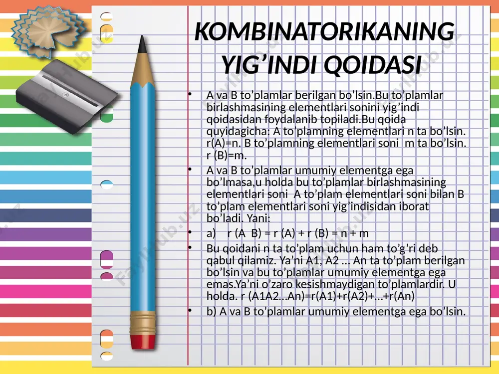 n a= n (n-1)…(n-(n-1)) = n (n-1) (n-2)…1=1·2·3·…(n-2) (n-1)n = n! pn =a = n! demak, n elementni o’rinlashtirishlar soni n faktorialga teng.birdan n gacha bo’lgan sonlar ko’paytmasi factorial deyiladi. pn = n! gruppalashlar ta’rif: n ta elementni k tadan gruppalashlar deb kamida 1 tadan elementi bilan farq qiluvchi o’rinlashtirishlarga aytiladi. teorema: n elementni k tadan gruppalashlar soni ckn = akn / pk ga teng isbot: dastlab 4 ta elementdan 3 tadan a,b,c,d o’rinlashtirishlar tuzaylik. abc, abd, acd, bcd acb, adb, adc, bdc bac, bad, bca, bda cab, cad, cbd, cba cda, cdb, dab, dbc dac, dca, dba, dcb 4 ta a34 = 24 = 6 · 4 p3 = 6 = 1 · 2 · 3 = 6 ckn = akn / pk = 4 · 3 · 2 / 1 · 2 · 3 = 24 / 6 = 4 ckn = 4 demak, bu to’g’ri bo’ladi. ckn …