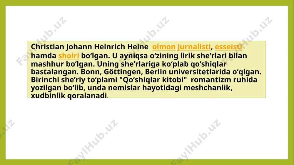 i va 1831-yilning bahorida hayne parijgajo'nab ketdi. shoir umrining oxirigacha fransiyada yashadi. ana shu davrda h.haynening yorqin satirik iste’dodi nihoyat shakllandi. shoir o'z vatanidan tashqarida bo'lsa ham, uning qayg'u va qayg'ulari bilan yashadi, uning siyosiy va milliy ozodligini, birlashgan germaniyaniko’rishni orzu qildi. bu vaqtga kelib, kelajakdagi prussiya davlatining konturlari aniq belgilab olindi. hayne yevropa va nemis madaniyati uchun xavfni tor millatchilikda va ilg’or prussizmga nisbatan nafratda ko'rdi. shoir o'z maqolalarida, she'rlarida, maktublarida prussizmga hujum qiladi. prussiya hukumati hayneda xavfli dushmanni ko'rdi, uning hiyla-nayranglari va yaxshi maqsadli aforizmlari joyida zarba berdi. 1835-yildan boshlab hayne asarlari germaniyada taqiqlandi. "germaniya. qish ertagi" she'rining yaratilishi shoirning k.marks bilan do‘stligi davrini nazarda tutadi. bu she’r haynening eng buyuk asari bo‘lib, unda shoir o‘zining barcha turli she’riy vositalarini birlashtirgan. hayne bu yerda g'ayrioddiy jasorat va erkinlik bilan hikoyaning past va baland tekisliklarini aralashtirib yuboradi, bir intonatsiyadan to'g'ridan-to'g'ri teskarisiga o'tadi, romantiklarning ayanchli, ko'tarinki ohangiga parodiya qiladi, xuddi …