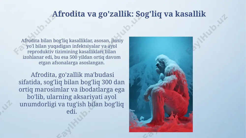 rishi mumkin edi. rim mifologiyasida febris, isitma xudosi, kasalliklarni keltirib chiqaruvchi kuch sifatida tasvirlangan va unga qurbonliklar taklif qilingan. tibbiy belgilar va ramzlar qadimgi yunon shifokorlari kasalliklarni 4 ta asosiy suyuqlik – qon, balg'am, sariq va qora safro muvozanati bilan bog'lashgan, bu g'oya 2000 yildan ortiq davom etgan. rim mifologiyasida gigiena va sog'liqni saqlash ma'budasi salus 3 ta xususiyatga ega edi: salomatlik, farovonlik va davolanish. uning ramzi – gulchambar edi. afsonalar va tibbiy amaliyot qadimgi yunon shifokorlari taxminan 400 ga yaqin o'simlik turini tibbiyotda qo'llaganlar, ularning 200 dan ortig'i hozirgi kunda ham dorivor o'simlik sifatida tan olingan. afsonalarga ko'ra, asklepios - shifo xudosi, ilonlar bilan bog'langan va uning avlodlari tibbiyotning rivojiga katta hissa qo'shgan. apollon va davolanish san'ati apollonning shifo berish bilan bog'liq afsonalari, uning o'lim va tug'ilish ustidan hukmronligi kabi 2 ta qarama-qarshi kuchlarning muvozanatini aks ettiradi. apollonning shifo berish san'atida 7 ta asosiy xudolik atributi mavjud bo'lib, ular …
