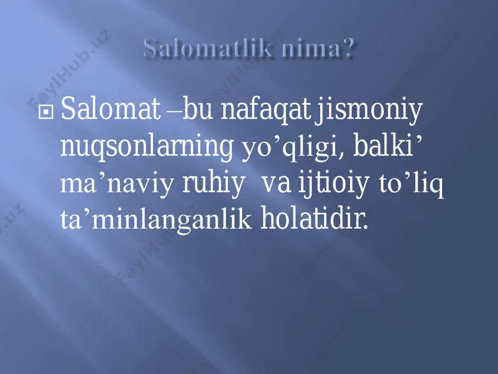 sport bilan shug’ullanish salomatlik uchun yo’naltirilgan bo’lishi kerak, g’ayriimkoniy rekordlarni o’rnatishga emas.  ertalabki badantarbiya, piyoda yurishlar, trenajyor zallaridagi mashg’ulotlar doimiy tizimli xarakterga ega bo’lib, har bir insonning turmush tarziga aylanishi shart. mutloq sog’lom odamlarga yo’naltirilgan hamda, kasalga chalinishi ehtimoldan holi bo’lmagan kasallik oldi holatidagi odamlarga taaluqlidir. sog’liqni saqlash tizimidagi barcha soha amaliyot vrachlari kasallikni davolash bilan shug’ullansalar, valeologiyaning mutaxasisslik sifatidagi vazifasi- turli yoshda kelib chiqishi mumkin bo’lgan kasalliklar oldini olishdir. bunda asosan tez-tez uchraydigan, ko’pincha noinfeksion xarakterga ega bo’lgan kasalliklar inobatga olinadi.  u yoki bu kasallikni keltirib chiqaruvchi xavfli omillarga qarshi kurashishdan iborat. tabiiyki, tibbiy aspekt sttda asosit va hal qiluvchi omildir, shuning uchun ham yuqoridagi barcha aspektlardagi tavsiyalar tibbiy aspektning ijobiy hal bo’lishiga yo’naltirilgan edi. bu degani sog’lom insonni shakklanishiga.  yuqorida keltirilgan aspektlarning ishlab chiqilgan standartlar, algoritmlar va dasturlarga asoslangan holda aholi orasida sttni shakllantirish jarayoniga samarali ta’sir ko’rsatishi lozim.