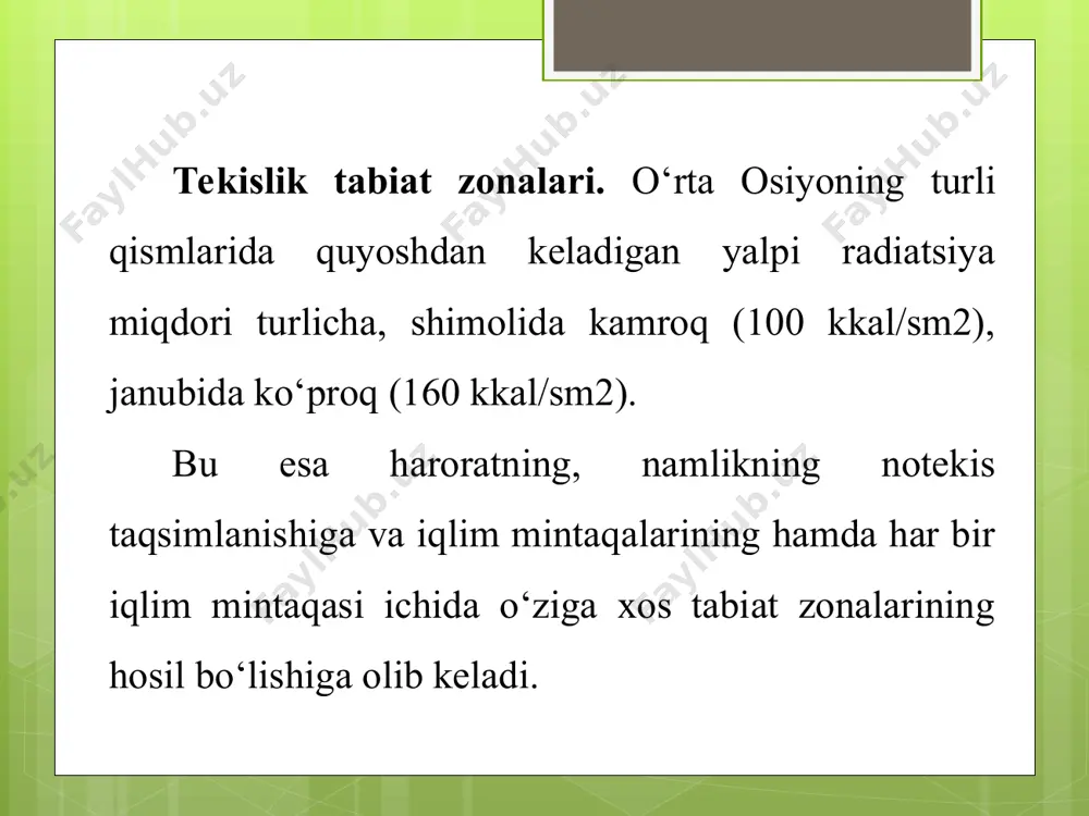 k qoplami siyrak, massasi kam, tezda qovjirab qoladi va chirindi hosil bo‘lmaydi. tuproqlari, asosan, qumli, sur-qo‘ng‘ir, gilli, toshloq va bo‘z tuproqlar. bo‘z tuproqlar sug‘orilganda yaxshi hosil beradi. past joylarda sho‘rxoklar va sho‘rtoblar ham uchrab turadi. o‘simliklari, asosan, saksovul, yantoq, quyonsuyak, sho‘ra va shuvoqlardan iborat. hayvonlardan chayon, falanga, gekkon kaltakesagi, bo‘g‘ma ilon, ko‘zoynakli ilon, efa iloni, echkemarlar yashaydi (25- rasm). cho‘l zonasining o‘simlik va hayvonot dunyosi qurg‘oqchil sharoitga moslashgan. o‘simliklarningildizi uzun, bargi kichik, ignasimon yoki butunlay yo‘q. hayvonlar inlarida yashaydi yoki qum orasiga kirib ketadi, ba’zilari kunduzi uxlab, kechasi ovga chiqadi, ba’zilari yozda butunlay uyquga ketadi. subtropik iqlim mintaqasi tabiat zonalari. bu mintaqaga, asosan, turkman-xuroson tog‘lari va atrek vodiysi kiradi. bu yerlarda quruq subtropik iqlim vujudga kelgan. tuproqlari bo‘z, tog‘ yonbag‘irlarida changalzorlar, archazorlar va pistazorlar tarqalgan. vodiylarda dehqonchilik qilinadi. balandlik mintaqalari. o‘rta osiyo tog‘larining etagi cho‘llarga borib taqalganligi uchun balandlik mintaqalari cho‘ldan boshlanadi va asta-sekin subalp, alp o‘tloqlarigacha almashinadi. cho‘l mintaqasi …
