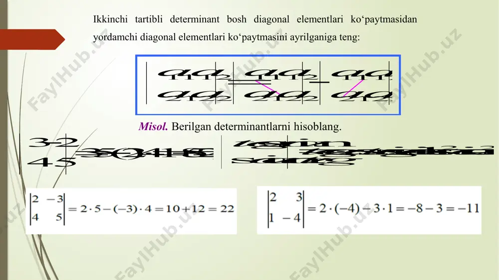 asalan, 333231 232221 131211 333231 232221 131211 aaa aaa aaa aaa aaa aaa   . 5-xossa. agar determinant biror satrining (ustunining) barcha elementlari nolga teng bo‘lsa, u nolga teng bo‘ladi. 6-xossa. agar determinantning ikki satri (ustuni) proporsional bo‘lsa, u nolga teng bo‘ladi. masalan, .0 333231 131211 131211  aaa aaa aaa  7-xossa. agar determinant biror satrining (ustunin ing) har bir elementi ikki qo‘shiluvchi ning yig‘indisidan iborat bo‘lsa, bu determinant ikki determinant yig‘indisiga teng bo‘lib, ulardan birinchisining tegishli satri (ustuni) elementlari birinchi qo‘shiluvchilardan, ikkinchisining tegishli satri (ustuni) elementlari ikkinchi qo‘shiluvchilardan tashkil topadi. 8-xossa. agar determinantning biror satri (ustuni) elementlariga boshqa satrining (ustunining) mos elementlarini biror songa ko‘paytirib qo‘shilsa, de terminantning qiymati o‘zgarmaydi. masalan, determinantning birinchi satri elementlariga  ga ko‘paytirilgan ikkinchi satrning mos elementlari qo‘shilgan bo‘lsin:  333231 132312221121 131211 aaa aaaaaa aaa  333231 131211 131211 333231 232221 131211 aaa aaa aaa aaa aaa aaa   9-xossa. …