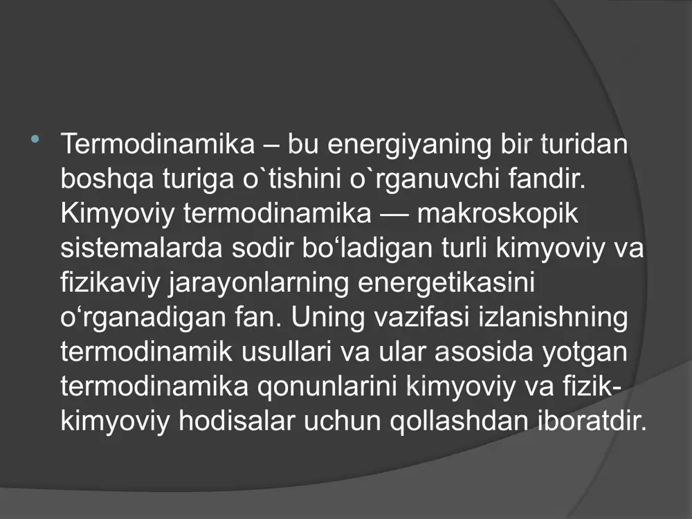 dir.sistemalar tabiatiga ko‘ra quyidagilarga bo‘linadi: ochiq sistema —bunday sistemalar tashqi muhit bilan modda va energiya almashinuvi holatida bo‘ladi. ko‘p yillar davomida «termodinamikaning ikkinchi qonuni biologik sistemalarga, ularda sodir bo‘layotgan jarayonlarni talkin etish va o‘rganishga qo‘llab bo‘lmaydi» degan tushuncha saqlanib keldi. ammo, biologik sistemalarda vaqt o‘tishi bilan ish bajarish qobiliyati kamaymaydi — organizm o‘z ish bajarish (yashash) qobiliyatini yillar davomida saqlab qoladi. masalan, 70 kg vaznli odam organizmida har 24 soatda 8000 kj energiya hosil bo‘ladi va shuncha energiya atrof-muhitga tarqaydi. ammo shu vaqt ichida sog‘lom organizm massasida, uning tuzilishi va tarkibida aytarli darajadagi biron o‘zgarish hollari kuzatilmaydi. statsionar holatidagi ochiq termodinamik sistema o‘z tabiatiga ko‘ra termodinamik muvozanat holatida turgan yopik sistemalarga o‘xshashdir: ularning o‘xshash jixati vaqt o‘tishi bilan sistema umum xossalari o‘zgarmasligidadir. bioenergetika va uning ilmiy asoslari tirik organizmdagi energiya transformatsiyasini (bir turdan ikkinchi turga o‘tishi, miqdor o‘zgarishlari va h.k.)o‘rganadigan fan bioenergetika deb ataladi. tirik organizm o‘z faoliyatini saqlab qolish …