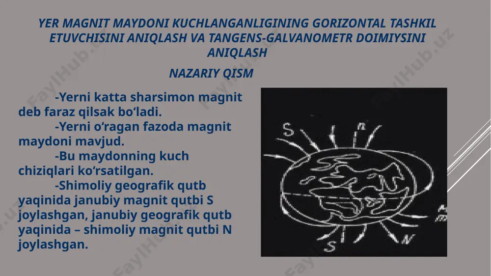 h burchaklarining hamda gorizontal tarkibiy qismning qiymatlari berilgan nuqtadagi magnit maydon yo‘nalishi va kattaligini aniqlash imkoniyatini beradi. -agarda magnit nayzacha faqat vertikal o‘q atrofidagina erkin aylana oladigan bo‘lsa, u yer magnit maydonining gorizontal tarkibiy qismi ta'sirida magnit meridiani tekisligida joylashadi. -elektr sxema yordamida o‘tkaziladi va quyida o‘lchash uslubining qisqacha nazariyasi keltirilgan. -bu yerda r – reostat, a – ampermetr, tg – tangens-galvanometr, k – qo‘shkalit, uning vazifasi tangens-galvanometr orqali o‘tayotgan tokning yunalishini o‘zgartirishdan iborat. -magnit meridiani tekisligiga nisbatan vertikal joylashgan, n ta o‘ramdan iborat halqasimon o‘tkazgichni olaylik. -bu o‘tkazgich markaziga o‘z vertikal o‘qi atrofida aylanuvchi magnit nayzachani joylashtiramiz. -agar g‘altak orqali i tok o‘tkazsak, kuchlanganligi hz, yunalishi g‘altak tekisligiga perpendikulyar bo‘lgan magnit maydoni vujudga keladi. -shunday qilib, nayzachaga ikki o‘zaro perpendikulyar magnit maydoni ta'sir qiladi. metodning nazariyasi -g‘altakning gorizontal tekisligidagi kesimi ko‘rsatilgan. -bu yerda hz – aylanma tok vujudga keltirgan magnit maydoni kuchlanganligi vektori, ho – yer magnit maydonining gorizontal …
