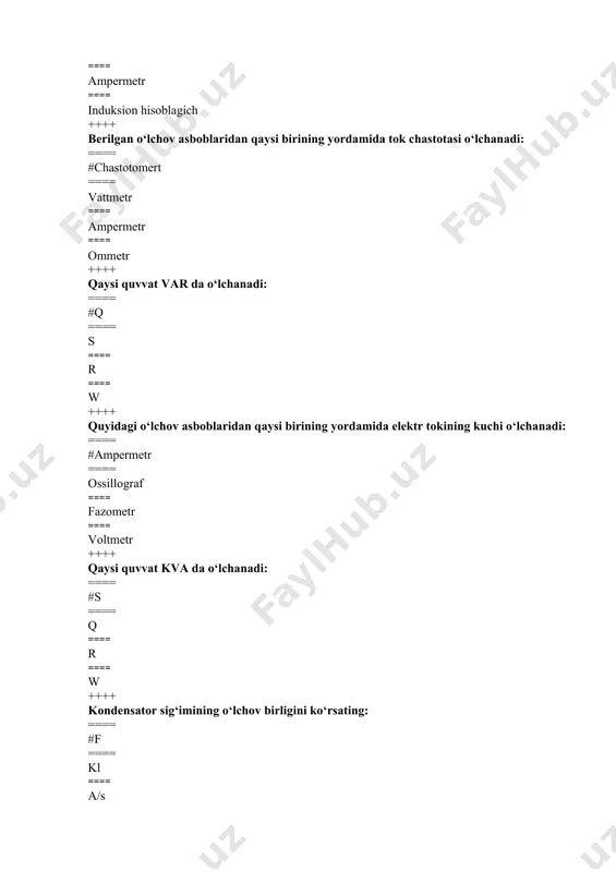 tajriba asosida transformatorning tashqi xarakteristikasi aniqlanadi ==== #yuklangan ish rejimi tajribasida ==== salt ishlash tajribaida ==== qisqa tutashuv tajribasida ==== qisqa tutashuv rejimida ++++ transformator chulg’amlaridagi o’ramlar soniga qarab nechi xil bo’ladi. ==== #2 xil ==== 3 xil ==== 4 xil ==== 1 xil ++++ transformator chulg’amlaridagi o’ramlar soniga qarab qanday turlarga bo’linadi ==== #pasaytiruvchi va kuchaytiruvchi ==== kuchaytiruvchi ==== pasaytiruvchi ==== o’zgaruvchi ++++ sanoat korxonalarining elektr iste’molchilari nechta darajaga bo’linadi. ==== #3 ta ==== 2 ta ==== 4 ta ==== 5 ta ++++ keltirilgan elementlarning qaysi birida elektr zaryadlari to‘planishi mumkin: ==== #kondensator (c) ==== rezsistor (r) ==== induktiv g‘altak (l) induktiv-nost ==== hech birida ++++ yo’nalishi va qiymati davriy ravishda o’zgarib turadigan har qanday tok nima deb ataladi? ==== #o’zgaruvchan tok ==== o’zgarmas tok ==== doimiy tok ==== ideal tok ++++ yo’nalishi va qiymati vaqt birligi ichida o’zgarmaydigan har qanday tok nima deb ataladi? ==== #o’zgarmas tok ==== …