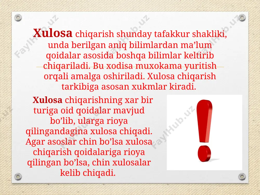 i. deduktiv xulosa chiqarishning ko’p uchraydigan xili sillogistik xulosa chiqarish, boshqacha aytganda, sillogizmlardir. sillogizm – qo’shib xisoblash degan ma’noni anglatadi. asoslari va xulosasi oddiy qat’iy xukmlardan iborat bo’lgani uchun oddiy qat’iy sillogizm deyiladi. oddiy qat’iy sillogizm uchta xukmdan iborat bo’lib birinchisi katta asos, ikkinchisi kichik asos, uchinchi kelib chiqadigan xukm xulosa deyiladi. oddiy qat’iy sillogizm uchta termindan iborat bo’ladi: katta termin – sillogizmning predikati, kichik termin – sillogizmning sub’ekti va o’rta termin – kata va kichik terminni bog’lab turadigan termindir. katta termin birinchi xukmning tarkibiga kirgani uchun u katta asos deyiladi. kichik termin ikkinchi xukmning tarkibiga kirgani uchun u kichik asos deyiladi. induktiv xulosa chiqarish induktiv xulosa chiqarish bevosita xulosa chiqarish qatoriga kiradi. induktiv xulosa chiqarish yordamida predmetlar va xodisalarning turli xususiyatlari o’rganiladi, ularning umumiy tomonlari haqida xulosa chiqariladi. induktsiyaning asosini yakkalik, xususiylik va umumiylikning uzviy aloqasi tashkil etadi. uning asosiy xususiyati shundan iboratki, induktsiya xodisalarni birma-bir o’rganishga asoslanadi. induktsiya …