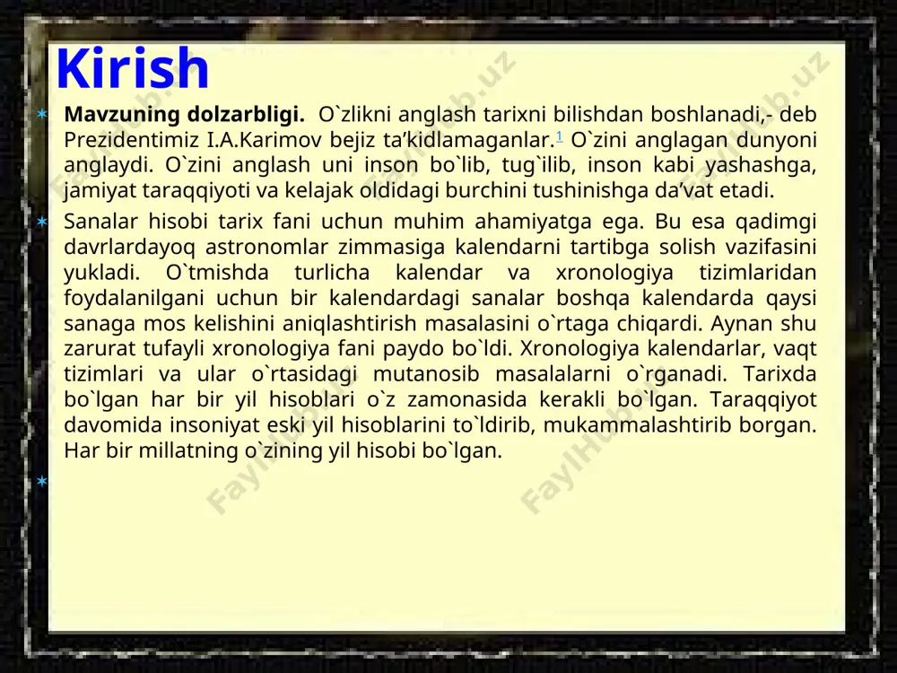 i va harakati fasllar almashinishi, nabotot va hayvonot olami bilan bog`liq mifologik qarashlar, tabiiy astronomik bilim va ko`nikmalar an’anaviy xalq taqvimi kelib chiqishiga asos bo`lgan. o`tmishda yashagan ajdodlarimiz quyosh harakatiga asoslangan “shamsiy taqvim” oy manzillarini ifodalovchi “qamariy taqvim” yulduzlar holati va harakatini o`zida aks ettirgan “yulduz hisobi” oy bilan hulkar yulduzi harakat yo`nalishidagi kesishuv muddatlarini o`zida mujassamlashtirgan “to`g`al yoki to`qish hisobi” qushlarning mavsumiy ko`chish muddatlarini ko`rsatuvchi “dolg`a hisobi” daryolar suvining kamayishi yoki ko`payishi vaqtini anglatadigan “tovush hisobi”, ekin-tikin ishlarini bajarish bilan bog`liq “dehqon hisobi”, “to`qson hisobi”, “yuz hisobi”, “chilla hisobi”, cho`ponlar orasida keng urf bo`lgan “chorva hisobi” kabi an’anaviy xalq taqvimi usullarini yaratganlar.1 i-bob. o`rta osiyo xalqlarining yil taqvimlari haqida ma’lumot 1.1. o`rta osiyo xalqlari kalendarlari 1.2. janubiy va janubi – sharqiy osiyo xalqlari yil taqvimlari janubiy va janubi-sharqiy osiyo xalqlari muchal taqvimi qadim zamonlardan keng tarqalgan bo`lib, bunda yillar o`n ikkita hayvon nomi bilan ataladi. ajdodlar muchal taqvimini tabiiy, …