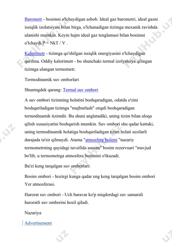 bu birlik hajmiga massa. eksperimental ravishda aniqlanganki, past bosim va zichlikda barcha gazlar o'zini tutadi ideal gazlar. ideal gazning harakati ideal gaz qonuni bilan berilgan: qayerda p bosim, v hajmi, n zarrachalar soni (umumiy massa zarrachaga bo'linadigan massa), k bu boltsmanning doimiysi va t haroratdir. aslida, bu tenglama fenomenologik tenglamadan ko'proqdir, u haroratning operatsion yoki eksperimental ta'rifini beradi. termometr - bu haroratni o'lchaydigan vosita - ibtidoiy termometr shunchaki ideal gazning kichik idishi bo'lib, atmosfera bosimiga qarshi kengayishiga imkon berdi. agar biz uni haroratni o'lchashni istagan tizim bilan termal aloqa qilsak, u muvozanatlanguncha kutib turing va keyin termometr hajmini o'lchasak, biz ko'rib chiqilayotgan tizimning haroratini quyidagicha hisoblashimiz mumkin bo'ladi. t = pv / nk. umid qilamizki, termometr etarlicha kichik bo'ladi, u o'lchagan tizimning haroratini sezilarli darajada o'zgartirmaydi, shuningdek, atmosfera bosimiga termometrning kengayishi ta'sir qilmaydi. ideal gaz termometri ideal o'lchov tizimiga termal ravishda bog'langan, undan dinamik va moddiy jihatdan izolyatsiya qilingan holda …