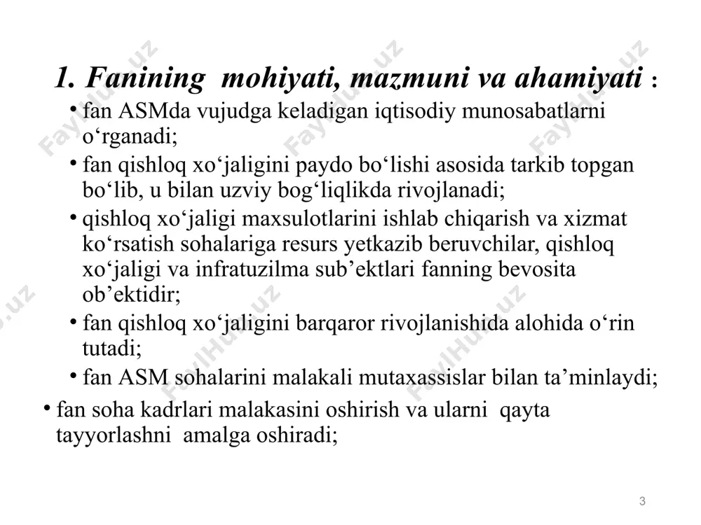 tisodiyoti fanining maqsadi va asosiy vazifalari agrosanoat majmuasi iqtisodiyoti fanining vazifalari: - agrosanoat majmuasiga kiruvchi barcha tarmoqlarni uzviy bog’lanishi (integratsiya)ni ta’minlash; - agrosanoat majmuasiga kiruvchi barcha tarmoqlarida boshqaruvning eng zamonaviy usullaridan keng foydalanish; - majmua tarkibiga kiruvchi korxonalarni barcha omillarini e’tiborga olgan holda joylashtirish; - ularni ixtisoslashtirish va integratsiyalashuvini ta’minlash; - samarali faoliyat ko’rsatish uchun zamonaviy texnika bilan jixozlash; - barcha resurslardan samarali foydalanib, xarajatlarni tejash xisobiga ko’proq foyda olish; - raxbar, ishchi va xizmatchilarni malakasini oshirish. jaholatning uch turi mavjud: umuman hech narsa bilmaslik, hamma bilgan narsalarni juda yomon bilish, lozim bo’lmagan narsalarni bilish sh. duyuklo asmning barcha bo’g’inlari o’rtasidagi munosabatlar huquqiy, tashkiliy, texnikaviy, texnologik, iqtisodiy yoki ijtimoiy qonunlar xamda shartnoma asosida amalga oshiriladi . --kredit olish; - ishlab chiqarish xomashyolarini sotib olish; - texnika sotib olish va yangi texnologiyalarni joriy etish; - zaruriy xizmatlarni amalga oshirish; - yetishtirilgan mahsulotni sotish. asm tarkibidagi bo’g’inlar o’rtasidagi o’zaro munosabatlarda shartnoma tuzish …
