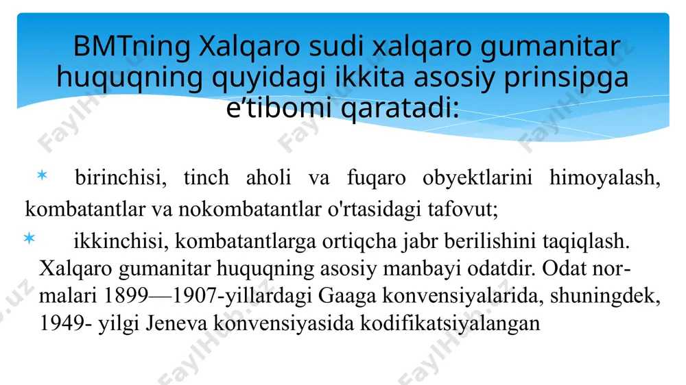ak. xalqaro gumanitar huquqning urush qurbonlari himoyasi sohasida- gi asosiy aktlari — 1949-yilgi to'rtta jeneva konvensiyasi va 1977-yilgi ularga qo'shimcha protokollardan iborat. xalqaro gumanitar huquqning o'ziga xos jihatlaridan biri, uning rivojlanishi va joriy etilishida jamoat tashkilotlari, avvalambor, qizil xoch va qizil yarim oy harakati muhim o'rin tutadi. ushbu harakatning milliy jamiyatlari deyarli har bir mamlakatda mavjud. xalqaro qizil xoch qo'mitasi (xqxq) mazkur harakat doirasida o'z maqomiga ega bo'lib, jeneva konvensiyalarida rasmiy ravishda tan olingan. uning tarkibi shveytsariya fuqarolaridan tashkil topgan. xqxq xalqaro gumanitar huquqqa amal qilinishini kuzatib boradi, qurolli mojarolar qurbonlariga yordam beradi, xalqaro gumanitar huquq bo'yicha bilimlarni tarqatishda ko'maklashadi va uni rivojlantirish yuzasidan takliflar kiritadi. xqxq jeneva konvensiyalariga amal qilinishi borasidagi kuzatuvi xulosalarini tegishli davlatga ma’lum qiladi. istisno etilgan hollarda (masalan, iroq tomonidan zaharli moddalar qo'llanilgani taxmin etilgani kabi holatlarda) u ochiq bayonot bilan chiqishi mumkin. yaradorlar va bemorlami himoyalash tezkor tibbiy yordamga muhtoj bo'lgan barcha yaradorlar va bemorlar, …