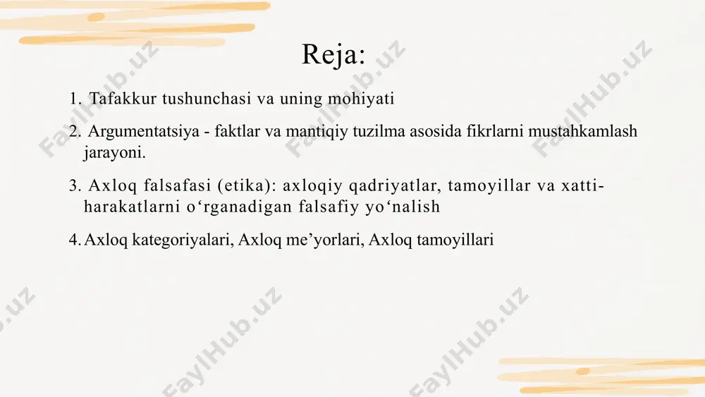 siz tushunchalar: o'zoro aloqadorlik,o'xshashlik va umumiy belgilarga ega bo'lmagan tushunchalarni ifodalaydi: masalan:sevgi, haqiqat ijobiy tushunchalar: buyum va hodisada ma'lum bir belgi mavjudligini aks ettiradi: masalan: mazmunli, serhosil salbiy tushunchalar: buyum va hodisada biror belgi mavjud emasligini ifodalaydi.masalan: beģam, noaniq tushunchalarni chegaralash va umumlashtirish tushunchani umumlashtirish uning hajmini kengaytirish demakdir. masalan:"gul"deganda, chinigul, atirgul, gulsafsar, nargiz, lili tushunchani chegaralash tushunchani chegaralash deganda uning hajmini toraytirishga aytiladi. masalan : "maktab" tushunchasini chegaralaganda: oliy maktab, o'rta maktab,proffisional maktab,boshlanģich maktab. hukm tafakkur shakli sifatida, hukmning tarkibi va xususiyatlari hukm-predmetga ma'lum bir belgining(xossaning, munosabatning) xosligi yoki xos emasligini ifodalovchi tafakkur shaklidir. hukm hukmning mantiqiy tarkibini uch qism tashkil etadi subyekt - hukmda haqida gap boradigan tushuncha predikat - mavzuga nisbatan aytilgan xususiyat, holat yoki harakat boģlovchi - mavzu va predikat oʻrtasidagi aloqani koʻrsatuvchi soʻz misol hukm: "barcha odamlar aql-idrokka ega." tarkibi: subyekt: "odamlar" predikat: "aql-idrokka ega" bogʻlovchi: "barcha ... ega" xulosa chiqarishning umumiy mantiqiy tavsifi xulosa …