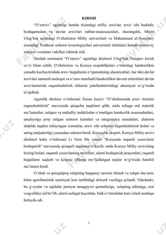aydonga chiqdi. arxiv materiallarini hisobga olish deganda ularning miqdorini va ro’yxatini aniqlashtirish tushuniladi. davlat arxiv fondini tashkil etuvchi barcha hujjatlar hisobga olinishi shart. hujjatlar yig’majildlar va fondlarga bo’lingan holda hisobga olinadi. bundan tashqari hujjatlar butun arxiv miqyosida hisobga olinadi. nihoyat, davlat arxiv fondining hujjatlari to’la hajmda hisobga olinishi kerak. hujjatlarni hisobga olish ularni saqlash va zaruriyat tug’ilganda tezda topish imkoniyatini beradi. arxivlarda saqlanayotgan hujjatlarning tarkibi o’zgaruvchandir. arxivlarga muntazam ravishda hujjatlar qabul qilinadi, ayrim hujjatlar bir arxivdan boshqa arxivga o’tkaziladi, ba’zi materiallar yo’q qilib yuboriladi. demak, hujjatlarning hisobi ham shunga qarab o’zgarib turadi. har bir arxivda olib borilayotgan hisobga asoslanib, respublika davlat arxiv fondi hujjatlari umumiy tarzda hisobni olib boriladi. shu asnoda qaysi hujjat qayerda saqlanayotganligi to’g’risida tezkor ma’lumotlar olish mumkin bo’ladi. zero, mustaqillikka qadar, ya’ni mustabid tuzum hukmronligi sharoitida haqqoniy tarixni tiklash va uni xalqqa yetkazilishiga yo‘l berilma-di. chunki mustabid tuzum manfaatlariga xizmat qilgan kommunistik mafkura va uning tazyiqi ostida …