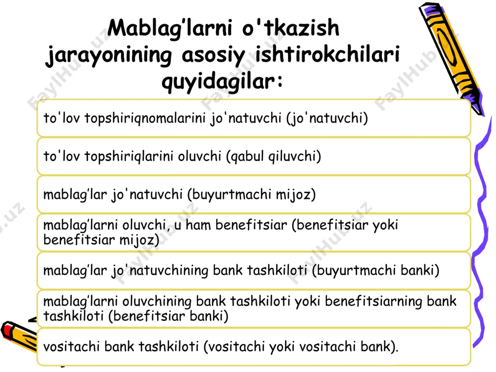 ‘natuvchi bank va benefitsiarning bank tashkiloti o‘rtasida amal qiluvchi telegraf yoki swift kalitlari bo‘lishi kerak. jahon amaliyotida uchinchi bank orqali teleks xabarlarni “kalitlash” usuli ham qo'llaniladi. bu jo'natuvchining to'lov hujjatini ko'rsatishidan iborat bo'lib, o'zi va uchinchi bank tashkiloti o'rtasida amalda bo'lgan, o'z navbatida, pul mablag'larini oluvchining bankida kalitlarga ega bo'lgan telegraf kaliti hisoblanadi. shu bilan birga, jo'natuvchi ushbu uchinchi bankka xabar yuboradi, unda u kalitni boshqa bank uchun ishlatganligi haqida xabar beradi. benefitsiarning banki, o'z navbatida, to'lov “tugallangan” bankka so'rov yuboradi, so'rovda kalitning to'g'riligini tasdiqlash so'rovi mavjud. ijobiy javob olingandan so'ng, to'g'ridan-to'g'ri to'lov topshirig'ini bajarish mumkin. agar autentifikatsiya protsedurasi tugallangan bo'lsa, to'lovni to'lashni kutmasdan to'g'ridan-to'g'ri to'lovni amalga oshirish mumkin. yuboruvchi bank summalar va qiymat sanalarining mos kelishi va to'lovning muvaffaqiyatli yakunlanishi uchun javobgardir. ammo amalda ko'plab banklar birinchi navbatda bo’nak to’langunga qadar kutishadi va shundan keyingina to'g'ridan-to'g'ri to'lovlar amalga oshiriladi. to'lov usullarining afzalliklari va kamchiliklari birinchi usul kamroq vaqt talab …