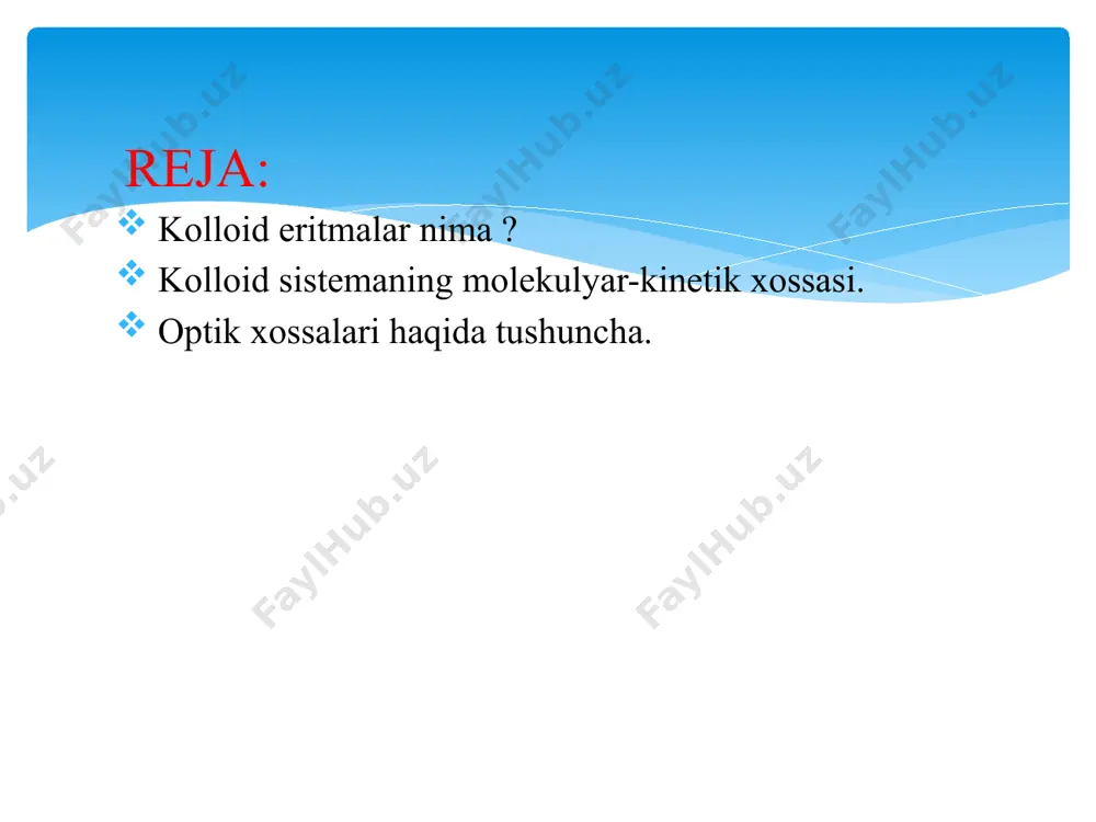q-ovqat va boshqa sanoat tarmoqlarida ham keng qoʻllaniladi. kolloid eritmalarning molekulyar kinetik xossalari kolloid sistemalarning molekulyar kinetik xossalaridan eng muҳimlari qatoriga kolloid zarrachalarning diffuziyalanishi, broun xarakati, kolloid eritmalarning osmotik bosimi va sedimentastiya xossalari kiradi. broun xarakati. 1827 yilda ingliz botanigi broun suvga solingan o’simlik bargini mikroskop orqali tekshirib unda juda ko’p zarrachalarni tartibsiz xarakatini kuzatgan. bu xarakatni birinchi bo’lib broun sezgani uchun uni broun xarakati deyiladi. bu zarrachalar doimo tartibsiz xarakatda bo’lib, u xech to’xtamaydi va sekinlashmaydi. broun xarakatining ravshanligi (intensivligi) xarorat, zarrachaning katta kichikligi, muxitning qovushqoqligi, sharoit ta’sirida o’zgaradi. zarrachalarning o’lchami 1-100nm oralig’ida bo’lganda broun xarakati ravshan kuzatiladi. perren zarrachaning turgan joyi ma’lum vaqt ichida qancha aniqladi. kolloid zarracha yo’lini ma’lum vaqt ichida o’zgarishiga zarrachaning siljishi deyiladi. eynshteyn va smoluxovskiy broun xarakatining tezligi emas, ularning o’rtacha siljishi oralig’i∆x2, diffuziya koeffistenti d va siljish vaqti ∆t o’rtasidagi bog’liqlikni aniqladi. ∆x2 = 2d*∆t (1); d = (rt)/ (na) * 1 / …