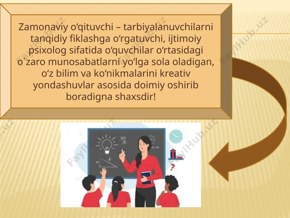 rning taraqqiy etishini oldindan aytib bera olishda ifodalanadigan maxsus qobiliyat. konstruktiv qobiliyat –o‘quv-tarbiya ishlarini rejalashtirish va natijasini oldindan aytish qobiliyati. bu qobiliyat tarbiyalanuvchi shaxsning rivojini loyihalashga, o‘quv- tarbiya mazmunini, shuningdek, tarbiyalanuvchilar bilan ishlash metodlarini tanlab olishga imkon beradi. kreativ fikrlaydigan o‘qituvchining kasbiy faoliyatiga qo‘yiladigan zamonaviy talablar zamonaviy pedagogik texnologiyalarni egallash va o‘quv tarbiyaviy jarayonda qo‘llay olishi u axborotchi emas, balki o‘quvchilarning individual imkoniyatlarini hisobga olgan holda muvofiqlashtiruvchi (koordinator), boshqaruvchi (menejer), muloqot tashkilotchisi, maslahatchisi bo‘lishi bilimlarni o‘zlashtirishning eng samarali usullarini izlashni qo‘llab-quvvatlaydi va boshqaradi, qiziqarli kashfiyotlarni rag‘batlantiradi, muvaffaqiyasiz urinishlarni tahlil qiladi, o‘quvchilarni mag‘lubiyat va g‘alabalarni amalga oshirishga undaydi. hozirgi davrda sodir bo‘layotgan innovatsion jarayonlarda ta’lim tizimi oldidagi muammolarni hal etish uchun yangi axborotni o‘zlashtiradigan va o‘zlashtirgan bilimlarini o‘zlari tomonidan baholashga qodir bo‘lgan, zarur qarorlar qabul qiladigan, mustaqil va erkin fikrlaydigan shaxslar, jumladan zamonaviy o‘qituvchilar kerak. ta’lim muassasalarining o‘quv-tarbiyaviy jarayonida zamonaviy o‘qitish uslublari, ya’ni interfaol uslublar, innovatsion texnologiyalarning o‘rni va ahamiyati beqiyosdir. …