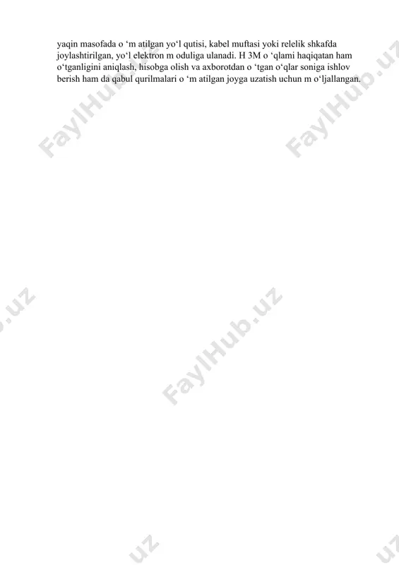 uchun motjallangan. esso tizim ining zarur elementlaridan biri sifatidaharakat tarkibi o‘qlari o‘tishni aniqlovchi datchiklar kiradi. ular harakat tarkibi haqida kerakli axborotlami beradi va m as’ul elementlar sifatida yo‘1 qismi bo‘sh yoki bandligi masalasini hal qiladi. bu esso tizim ida m agnit turidagi /fltb-02 reversiv rels datchiklari qotlaniladi. datchik rels liniyasida hech qanday tuzulmaviy o‘zgartirishsiz rels harakat tarkibi va qurilmalarga yaqinlashish gabariti asosida o ‘matiladi 8 www.ziyouz.com kutubxonasi (mahkamlanadi). datchikning ishchi harorat diapazoni -600 dan q850 gacha, o ‘rtacha iste’mol q u w ati - 10 wt. rels datchigi ustidan o‘qlam ing o‘tish tezligi 0 km/soatdan 360 km /soatgacha. bu datchik o ‘qlam i hisoblash tizimlarini q o ilash rejasi bo‘yicha istiqbolli, chunki chet el datchiklariga nisbatan bir qator ustunliklarga ega. u oddiy kabel liniyalarida ishlaydi va qo‘shaloq o ‘ram lam i (ikkilik o ‘ram jilalar) talab etmaydi. jjjib-02 uzluksiz tartibida ishlab, uning sozligini nazorat qiladi. u halalliklardan yuqori darajada himoyalangan, …