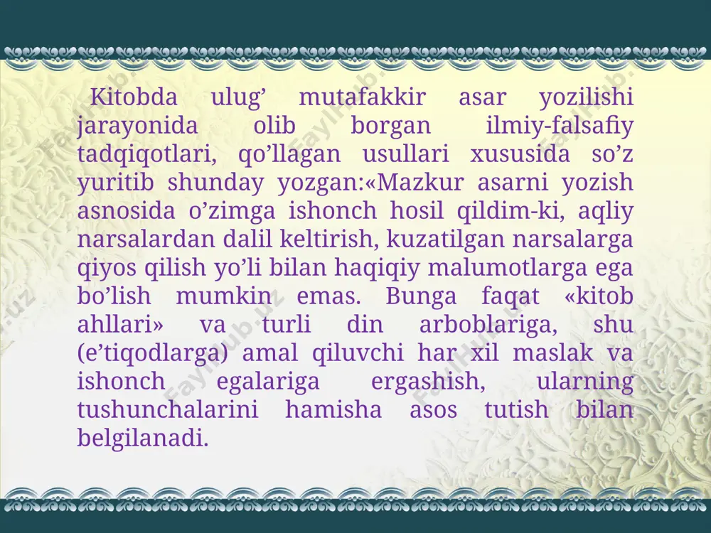 ini yanada chuqurlashtirish maqsadida bagʻdodga yoʻl oladi. mavjud maʼlumotlarga qaraganda, f. 160 dan ortiq asar yozgan. lekin ularning aksariyati bizgacha yetib kelmagan. shunga qaramay, mavjud risolalarining oʻziyoq uning bugok olim ekanligidan dalolat beradi. . ahmad farg’oniy (taxm.797, farg‘ona - 865, misr) buyuk alloma ahmad farg‘oniy farg‘onada tug‘ilgan. ix asrda yashab ijod etgan. uning asl ismi abul abbos ahmad ibn muhammad ibn kasir al-farg‘oniydir. ahmad farg’oniy . allomaning ijodiy faoliyati bag‘dod bilan, al-xorazmiy rahbarligida faoliyat ko‘rsatgan «baytul hikma» bilan bog‘liq. farg‘oniy bag‘dod va damashqtsagi rasadxonalar qurilishiga qatnashgan, ptolomey «yudduzlar jadvali» dagi ma’lumotlarni tekshirgan, 812 yilda quyosh tutilishini oldindan bashorat qilgan, yerning dumaloq ekanligini ochgan, misrda nil daryosi suvini o‘lchaydigan asbob yasagan, falakiyot ilmiga munosib hissa qo‘shgan. yevropaliklar allomani «al fraganus» deb atashgan. uning 7 ta asari saqlanib qolgan. 1998 yilda farg‘oniyning 1200 yilligi xalqaro miqyosda nishonlandi. kuva shahrida unga haykal o‘rnatildi va istirohat bog‘i barpo etildi. . mirzo ulug’bek (1394 - …