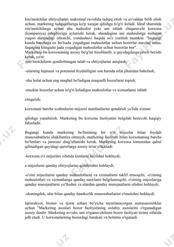 siy uslublarini va tamoyillarini o'rgatishdan iboratdir. mazkur darslik uchinchi marta qayta nashr etilmoqda. avvalgilaridan farqli aktация wi ravishda ushbu darslik 13 ta bobdan iborat bo'lib, unda marketing asosari fanining 1-bob. marketing asoslari fanining predmeti, mazmuni va vazifalari 1.1. marketing asoslari fanining predmeti, ob'ekti va vazifalari bugungi kunda mamlakatimiz korxona va tashkilotlari faoliyatida uchraydigan muammolarni, ularda zamonaviy marketing tizimini samarali tashkil etish orqali echish vazifasi turibdi. marketing tizimi korxonalarni bozorda iqtisodiy maqsadlarga erishish quroli (ya'ni foyda olinadigan bozorlar ulushiga ega bo'lish) sifatida qarashga alohida e'tibor beradi, marketing strategiyasi korxona imkoniyatlarining tahlili, maqsadlarni tanlash, rejalarni ishlab chiqish, marketing chora-tadbirlarini amalga oshirish va ularni ro'yobga chiqarishni nazorat qilish jarayonidir. zamonaviy sharoitlarda marketing integratsiyalashgan tizimga aylanishi kerak. bu degani, tizim faoliyati natijasi yuqori bo'lishi uchun, u faqatgina marketing bo'limi faoliyati bo'libgina qolmay, u yoki bu darajada korxonaning barcha bo'limlarini qamrab olishi kozim. korxonaning raqobatdosh bo'lmog'i uchun, faqatgina - marketing uning biznes-strategiyasini harakatga keltiruvchi kuch …