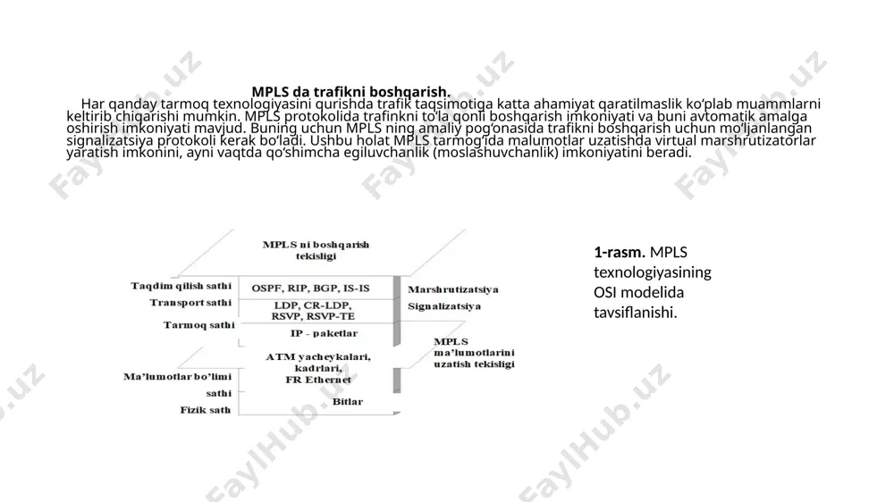 armog‘ini qurishdagi tavsiya qilishka loyiq bo‘lgan tarmoq texnologiyasidir. mpls protokollari turkumlari. axborot texnologiyalari barcha rivojlangan mamlakatlar kabi respublikamizda ham yuqori suratda rivojlanmoqda. yangidan yangi texnologiyalar mamlakatimizga kirib kelmoqda va ularni ekspluatatsiya qilish choralari davlatimizda aloqa sohasida ish olib boruvchi kompaniyalar (uzbektelecom, east telecom va boshqalar) zimmasiga katta masuliyatni yuklamoqda. bu esa yosh avlod oldiga kattadan-katta dolzarb masalalarni, yani zamonaviy texnologiyalarni qollash, axborotlashtirish dasturini amalga oshirish, jahon axborot integratsiyasiga qo‘shilish kabi asosiy vazifalarni yuklamoqda. davlatimiz aloqa tizimlarida ngn texnologiyasining qo‘llanilishi natijasida aloqa sifat ko‘rsatkichlari ortib borayotgani barchamizga malum. jurnalning ilgarigi sonlarida ngn texnologiyasiga bag‘ishlangan maqolalar (“ngn -yangi avlod tarmog‘i” 2006 yil 3-son, “ngn tarmog‘iga ulanish tizimlari” 2006 yil 10-son) haqida gap yuritgan edik. bu maqolada esa mpls texnologiyasi, uning ngn da qo‘llanilishi va boshqa malumotlar haqida so‘z yuritamiz. mpls protokollari quyidagicha turkumlanadi bgp(border gateway protocol)-chegaraviy shlyuz prokoli. avtonom tizimlar orasidagi marshrutlash protokolining turkumlanishi. ldp(label distrution protocol) - fesga bog‘langan malumotlarni taqsimlash …
