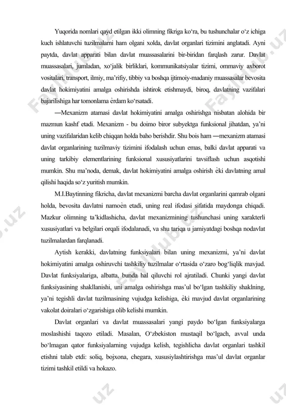 hu tariqa u jamiyatdagi boshqa nodavlat tuzilmalardan farqlanadi. aytish kerakki, davlatning funksiyalari bilan uning mexanizmi, ya’ni davlat hokimiyatini amalga oshiruvchi tashkiliy tuzilmalar o‘rtasida o‘zaro bog‘liqlik mavjud. davlat funksiyalariga, albatta, bunda hal qiluvchi rol ajratiladi. chunki yangi davlat funksiyasining shakllanishi, uni amalga oshirishga mas’ul bo‘lgan tashkiliy shaklning, ya’ni tegishli davlat tuzilmasining vujudga kelishiga, ѐki mavjud davlat organlarining vakolat doiralari o‘zgarishiga olib kelishi mumkin. davlat organlari va davlat muassasalari yangi paydo bo‘lgan funksiyalarga moslashishi taqozo etiladi. masalan, o‘zbekiston mustaqil bo‘lgach, avval unda bo‘lmagan qator funksiyalarning vujudga kelish, tegishlicha davlat organlari tashkil etishni talab etdi: soliq, bojxona, chegara, xususiylashtirishga mas’ul davlat organlar tizimi tashkil etildi va hokazo. davlat mexanizmi murakkab tuzilma bo‘lib, u qator tarkibiy qismlardan iborat. davlat mexanizmining tarkibiy elementlari o‘rtasida o‘zaro iyerarxik bo‘ysunish mavjud, masalan, davlat organlari tizimidagi bo‘g‘inlarning o‘rinlari har xil, bir - biri bilan subordinatsiya (bo‘ysunish) va koordinatsiya munosabatlariga kirishishadi. davlat mexanizmi tarkibiga kiruvchi tuzilmalar tarkibi turli vaqtlarda, turli …