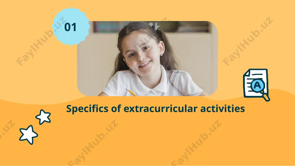 and the wider community, new activities, contemporary forms, methods and strategies of work are brought into the programmes of extracurricular activities the content and process of organization of extra-curricular work at school 04 extracurricular activities are subdivided into 3 major groups plus two combined forms: academic and common interests circles mass events individual work correspondence with students from other countries language clubs 01 02 03 04 05 1. academic and common interests circles these are a very important part of student’s life. teachers believe these circles develop personalities of students and broaden their scope of vision. the requirements for the circles’ meetings are clearly defined. the topics are useful for everyday life of students, complement the material studied in class at particular moment and are chosen in regards with students’ queries and their age group. the aim of circles is to broaden the topics previously covered in class and study …