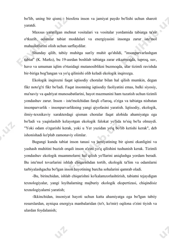 an inson hayotining barcha sohalarini qamrab oladi. -bu, birinchidan, ishlab chiqarishni ko'kalamzorlashtirish, tabiatni tejaydigan texnologiyalar, yangi loyihalarning majburiy ekologik ekspertizasi, chiqindisiz texnologiyalarni yaratish; -ikkinchidan, insoniyat hayoti uchun katta ahamiyatga ega bo'lgan tabiiy resurslardan, ayniqsa energiya manbalaridan (to'r, ko'mir) oqilona o'zini tiyish va ulardan foydalanish; -uchinchidan, energiya manbalari, shu jumladan kosmik uchun yangi, samarali, xavfsiz va maksimal darajada zararsizlikni izlash; -to‘rtinchidan, barcha mamlakatlarning tabiatni asrash uchun harakatlarini birlashtirish; -beshinchidan, jamiyatda ekologik ongning shakllanishi - odamlarning tabiatni teng huquqli, jonli mavjudot sifatida anglashi, u ustidan o'zi va o'ziga zarar etkazmasdan hukmronlik qila olmaydi. bu tizim osti birliklari bir-birlari bilan bog’liq va bir-birlarini ta’riflash uchun xizmat qiladi. biologik tizim osti birligi harakat olamini tashkil qiluvchi material va ideal olamlar, qadriyatlar, normalar, qiymatlar orasida bog’lovchi ko’prik vazifasini bajaradi. tizim osti birliklar bir birlari bilan uch tomonlama aloqaga kirishishadi: madaniyat orqali, shaxsiyat orqali, va ijtimoiy institutlar orqali. konsensus qadriyatli namunaning institutsionallashtirilishini anglatadi. bu aloqa shaxsning …