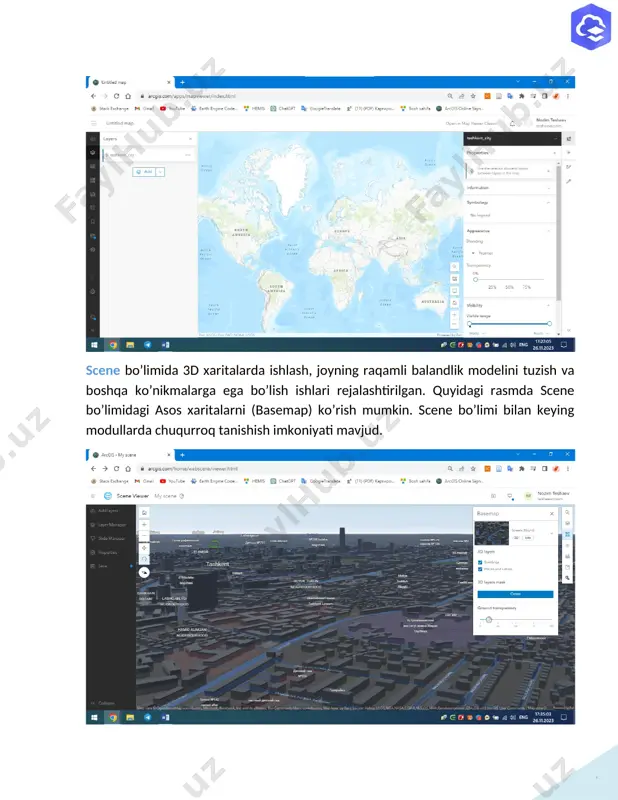 a'lumotlari, xaritalari va ilovalarini boshqarishi va tartibga solishlari mumkin. agar siz talabalar bilan arcgis online umumiy hisoblaridan foydalanayotgan bo'lsangiz, "kontent" bo'limi o'qitish va hamkorlikdagi loyihalar uchun ishlatilishi mumkin bo'lgan turli funktsiyalarni taklif qiladi. “kontent” boʻlimida foydalanishingiz mumkin boʻlgan baʼzi faoliyat va funksiyalar: 1. tarkibni tartibga solish: - kontentni tizimli ravishda tartibga solish uchun papkalarni yaratish. bu ayniqsa, bir nechta loyiha yoki topshiriqlarni boshqarishda foydalidir. 2. kontentni ulashish: - xaritalar, qatlamlar va ilovalarni aniq shaxslar, guruhlar yoki jamoatchilik bilan baham ko'ring. bu talabalarga hamkorlik qilish va o'z ishlari bo'yicha fikr-mulohazalarni olish imkonini beradi. 3. veb-xaritalar yaratish. 4. maʼlumotlarni yuklash: - fazoviy ma'lumotlarni turli formatlarda yuklash, masalan, shakl fayllari yoki csv fayllari. keyinchalik bu ma'lumotlar xaritalar va ilovalarda ishlatilishi mumkin. 5. veb ilovalar yaratish: - web appbuilder yoki boshqa sozlanishi mumkin bo'lgan ilova shablonlari yordamida veb-ilovalarni ishlab chiqish. ushbu ilovalar interaktiv va foydalanuvchilarga qulay tarzda ma'lum xaritalar yoki ma'lumotlar to'plamini namoyish qilishi …