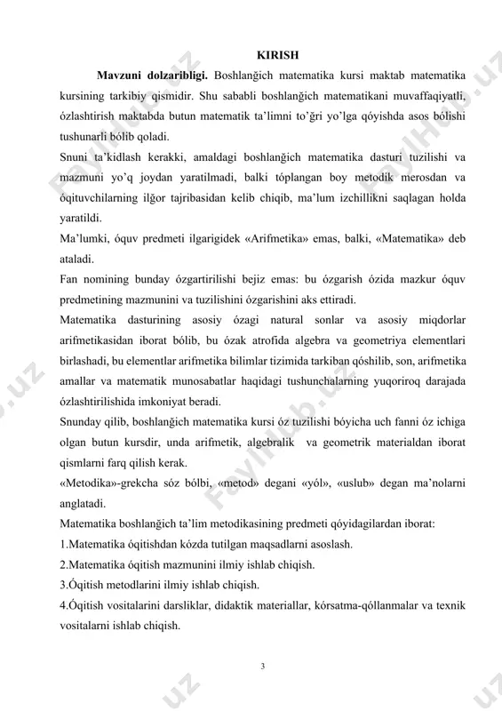 hisoblash, ólchash va grafik kónikmalarning ma’lum aniq tizimini hosil qilishdan iborat. óquvchilar imkoni boricha mustaqil ravishda qonuniyat va munosabatlarni ochishni, kuchlari yetadigan darajada umumlashtirishlar qilishni órganishlari, shuningdek oğzaki va yozma xulosalar qilishni órganishlari kerak. boshlanğich maktab matematika dasturi xuddi shunda yónaltirilgan, unda óqitishda nazariylik saviyasini oshirish ochiq oydin ifodalangan, nazariyani amaliyot bilan uzviy boğliqlik roli seziladi. boshlanğich sinflarda óqitish tarbiya bilan uzviy boğlab amalga oshirilishi kerak. boshlanğich matematikasining tuzilishi óziga xos xususiyatlariga ega. 1. arifmetik materiallar kursning asosiy mazmunini tashkil qiladi. u natural sonlar arifmetikasi, asosiy miqdorlar. algebra va geometriya elementlari asosiy bólim shaklida óqitilmasdan arifmetik materiallar bilan qóshib óqitiladi.[footnoteref:1] [1: boshlang’ich ta’lim bo’yicha uzviylashtirilgan dts toshkent-2010 yangiyo’l shahri, samarqand ko’chasi, 44-uy] 2. boshlanğich sinf materiali konsentrik (markazdosh) tuzilgan. masalan, oldin 1-ónlikni nomerlash óqitilsa, keyin 100 ichida nomerlash va arifmetik amallar bajarish óqitiladi. undan keyin 1000 ichida arifmetik amallar bajarish, keyin kóp xonali sonlar uchida. bularni óqitish bilan bizga nomerlash, …