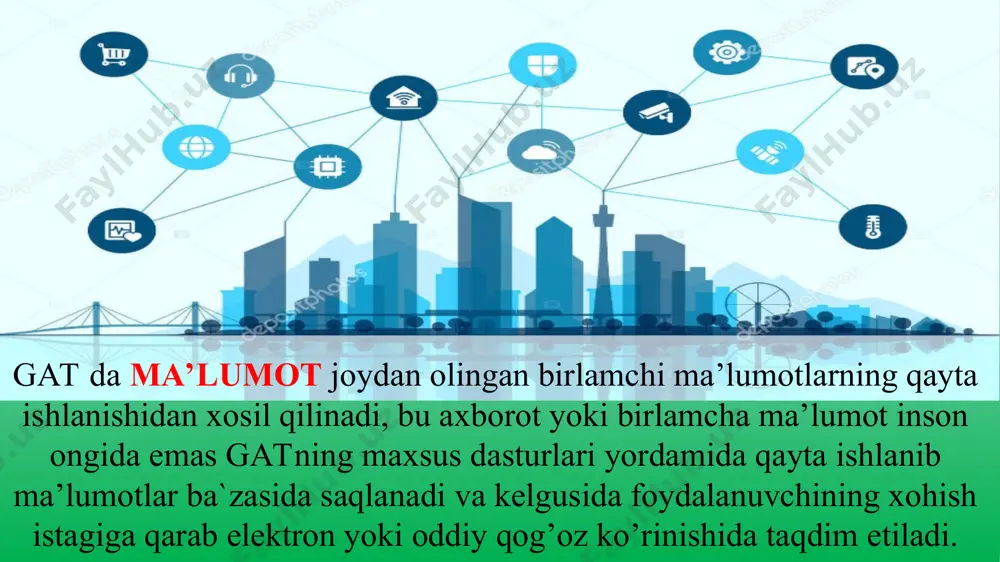 o’l orqali ma’lumotlarning axborot tizimida yoki ma’lumotlar bazasi tizimida tasvirlanishini aks ettiradi. gat da fazoviy tahlil jarayoni ma’lumotlarning fazoviy bog’liqligini aniqlash va uni tuzishdan iboratdir. gat dasturlaridan biri sanalgan arcmap dasturida bunday jarayon qo’shimcha spatial analyst degan dastur yordamida amalga oshiriladi. fazoviy tahlil jarayoni o’z navbatida oddiy va murakkab turlarga bo’linadi. oddiy turda ma’lumotlarning fazoviy bog’liqligi ma’lumotlarni oddiy usulda ko’rish yoki ma’lumotlar bazasidan talab qilib olish bilan chegaralansa, murakkab usulda qo’shimcha dasturlar ishlab chiqildi. grid orqali. bunda nuqtalar o’zaro bir biriga teng masofada joylashtirilib, bu nuqtalardagi koordinatalar orqali balandliklar beriladi va maxsus fazoviy tahlil (spatial analyst) dasturi orqali o’sha nuqtalarning balandliklari aniqlanib keyin joyning relyefi hosil qilinadi. bu usulda berilgan har bir katakchalardagi balandliklar ma’lum bir balandlikka referentslanadi ya’ni bog’lanadi. masalan dengiz sathiga nisbatan. bu nuqtalar keyinchalik to’rlar yordamida o’zaro birlashtiriladi. bu usul orqali hosil qilingan modelda har bir katakcha yuza qiymatini beradi. bu usul rastr yondoshuviga asoslangan bo’lib modellarni …