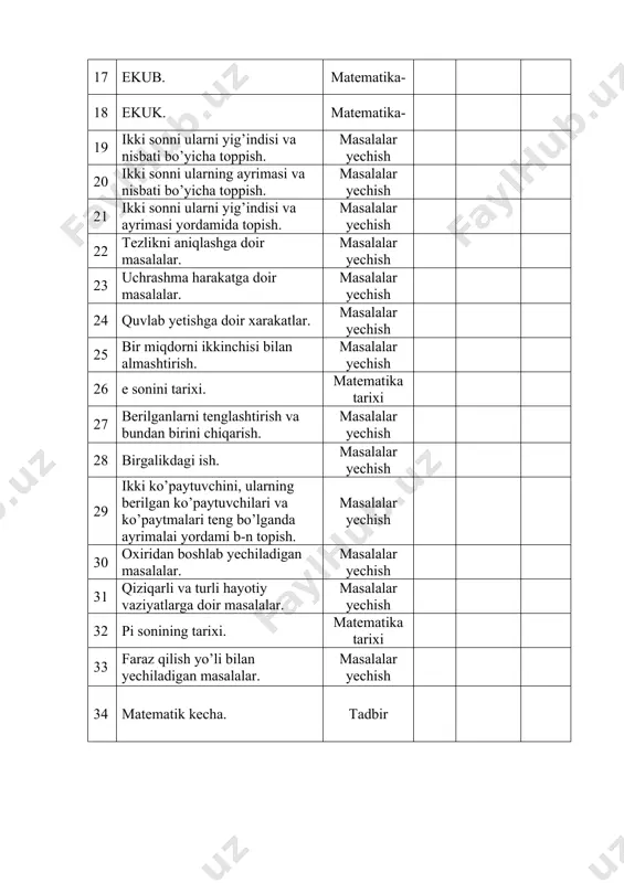 0 min mavzuni mustahkamlash takrorlash, mustahkamlash s – j , ko’rsatmalilik 5 min baholash rag’batlantirish(5 ballikreyting) ishiga qarab 10 min uyga vazifa uyga vazifani tushuntirish suhbat 3 min mavzu:muhammad ibn muso al-xorazmiy-jahonning buyuk matematigi. muhammad ibn muso al- xorazmiy 787 yilda qadimiy xorazmda dunyoga keladi. al- xorazmiy o’n yoshidayoq vazmin , harakatlari sust ko’rinsa ham, uning miyasi murakkab masala va misollar uchun yuzlab yechimlarni o’ylash bilan band bo’lgan. lekin o’z yurtida vaziyat tobora qiyinlashgani uchun xorazmni tark etib , al- xorazmiy bobilga boradi. halifalikning poytaxti bo’lgan bog’dod shahriga muhammad ibn muso al – xorazmiy o’z mustaqil fikriga ega bo’lgan, “ fil hisob al- hind” nomli mashhur shoh asarini yozgan, o’n sakkiz yoshda bo’lishiga qaramay, fan olamida nom qozongan, istedodli yosh olim sifatida keladi. xorun ar-rashid al- xorazmiyni shirin so’z, izzat –ikrom bilan kutib oladi va o’z saroyida ishlashga taklif qiladi. xorun ar-rashid o’sha zamondagi mashhur olimlarni bog’dodga yig’ib, ularga boshchilik …