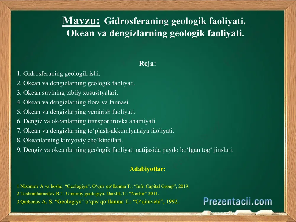 gan suvlarning qo‘shilishidan yon bag‘irning quyiroq qismida nisbatan birmuncha keng va chuqurroq bo‘lgan jo‘yakchalar vujudga keladi. bunday chuqurliklar bo‘ylab harakatlanayotgan suv o‘zanli oqim deyiladi. chunki oqim harakatlanayotgan tabiiy pastqamlik o‘zan o‘rnini o‘taydi. gidrosferaning geologik ishi: o‘zanli oqimni harakatlanish vaqtiga ko‘ra, shartli ravishda ikki guruhga ajratgan holda o‘rganishimiz mumkin: vaqtincha harakatlanuvchi suv oqimi; doimiy harakatlanuvchi suv oqimi. gidrosferaning geologik ishi: vaqtincha harakatlanuvchi suv oqimi. bunday xususiyatga ega bo‘lgan oqimlar asosan arid iqlimli mintaqalar uchun o‘ta xususiyatlidir. chunki, vaqtincha oqar suvlar erigan qor suvi, yomg‘ir, do‘l tushishi yoki yer osti suv zaxiralarining qisqa muddat mobaynida yer yuzasiga ko‘tarilishi tufayli yuzaga kelgan suv manbalari–buloqlar (efemer buloqlar) ta’sirida yuzaga keladi. vaqtincha oqar suvlar ta’sirida tuproq eroziyasining asosiy ko‘rinishi tarzida jarlarni vujudga keltiradi. jarlanish: jarlanish – respublikamiz yer resurs­laridan samarali foydalanish ishlariga jiddiy putur yetkazuvchi tabiiy geografik jarayon tarzida t.s.muhamedov (1965,1993), b.r.jo‘raev (1977), x.m.mahmudov (1980), a.a.xonazarov (1983), s.r.saidova (1983), a.n.nigmatov (2005) lar tomonidan atroflicha o‘rganilgan. …