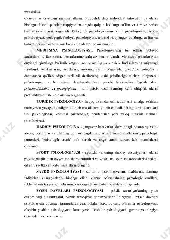 "psixologik urush" olib borish va unga qarshi kurash kabi masalalarni o`rganadi. sport psixologiyasi - sportchi va uning shaxsiy xususiyatlari, ularni psixologik jihatdan tayyorlash shart-sharoitlari va vositalari, sport musobaqalarini tashqil qilish va o`tkazish kabi masalalarni o`rgandi. savdo psixologiyasi - xaridorlar psixologiyasini, talablarini, ularning individual xususiyatlarini hisobga olish, xizmat ko`rsatishning psixologik omillari, reklamalarni tayyorlash, ularning xaridorga ta`siri kabi masalalarni o`rganadi. yosh davrlari psixologiyasi - psixik xususiyatlarning yosh davomidagi dinamikasini, psixik taraqqiyot qonuniyatlarini o`rganadi. yosh davrlari psixologiyasi quyidagi tarmoqlarga ega: bolalar psixologiyasi, o`smirlar psixologiyasi, o`spirin yoshlar psixologiyasi, katta yoshli kishilar psixologiyasi, gerantopsixologiya (qariyalar psixologiyasi). sosial psixologiya (ijtimoiy psixologiya ham deb yuritiladi) - kishilar orasidagi munosabatlar jarayonida yuzaga keladigan psixik hodisalarni o`rganadi. uning predmeti turli xildagi uyushgan va uyushmagan, rasmiy va norasmiy birlashmalardagi shaxslararo munosabatlarni o`rganish. sosial psixologiya ijtimoiy kayfiyatni, taqlid qilish hodisasini, "psixologik yukish"ni, guruhlarda tabaqalanish va liderlik hodisalarini o`rganadi. shu tartibda psixologiya fanining boshqa sohalarini ham ko`rib chikish mumkin. biz ulardan ba`zilarni …