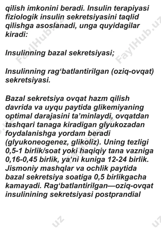 uvchi insulin kombinatsiyasidan foydalanish: insulinning oʻrtacha sutkalik dozasi (mad) fiziologik sekretsiyaga imkon qadar yaqin boʻlishi kerak.kun davomida insulinni tarqatishda sd(sutkalik doza) ning 2/3 qismini ertalab, tushdan keyin va erta kechqurun, 1/3 qismini esa kechqurun va kechasi yuborish kerak. kun davomida icd quyidagicha taqsimlanadi: nonushta qilishdan oldin — 35 %; tushlikdan oldin — 25 %; kechki ovqatdan oldin — 30 %; kechasi-insulinning kunlik dozasining 10 %. agar kerak boʻlsa, ertalab soat 5-6 da — 4-6 doza.bir inʼektsiyada 14-16 dozadan koʻp kiritilmasligi kerak. katta dozani qoʻllash zarurati tugʻilganda, qabul qilish oraligʻini qisqartirish orqali inʼektsiya sonini koʻpaytirish yaxshiroqdir. insulin dozasini sozlash. qisqa taʼsir qiluvchi insulin dozasini tanlashda insulinga boʻlgan talabning kunlik tebranishlarini hisoblash muhim rol oʻynaydi. tananing fiziologik xususiyatlaridan kelib chiqqan holda, bir non birligini assimilyatsiya qilish uchun insulinga boʻlgan ehtiyoj kun davomida oʻzgaradi va xe uchun 0,5 dan 4 birlik insulingacha boʻlishi mumkin. ushbu koʻrsatkichlarni aniqlash uchun asosiy ovqatdan soʻng qondagi glyukoza …