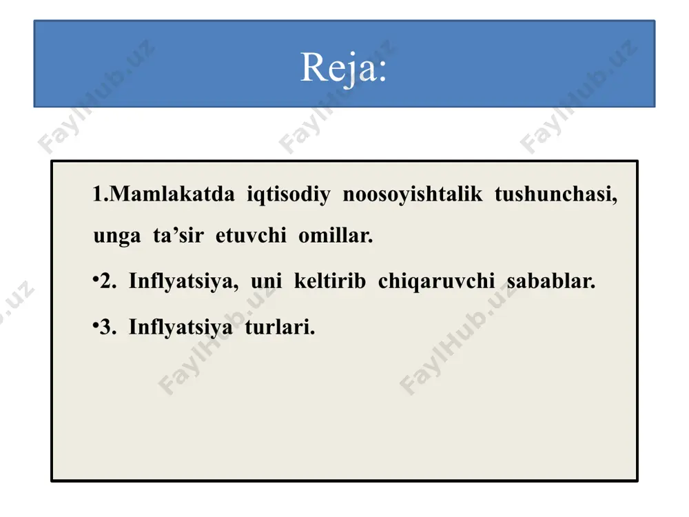 rlarda resurslar qimmatlashadi, xarajatlar oshib foyda kamayadi. ishlab chiqaruvchilarning tovar ishlab chiqarishga intilishi kamayadi. natijada tovarlar taklifi kamayib narxlar o’sib ketadi. inflyatsiya turlari: o’rmalovchi ( sudraluvchi) inflyatsiya; suzib yuruvchi (shiddatli) inflyatsiya; giper inflyatsiya; o’rmalovchi ( sudraluvchi) inflyatsiya: bunda narx-navo sekin o’sadi. baholar yiliga ortacha o’sishi 5-10 % dan oshmaydi. inflyatsiyaning bu turi ko’proq rivojlan mamlakatlarga xosdir.u ishlab chiqarishni yanada rivojlantirishni rag’batlantiruvchi omil sifatida namoyon bo’lishi ham mumkin. suzib yuruvchi (shiddatli) inflyatsiya: bunda narx-navo tezroq o’sib ishsizlik ko’paya boshlaydi. baholarning yillik o’sishi 10-100%(ba’zida 200%) gacha bo’lishi mumkin.inflyatsiyaning buturi rivojlanayotgan mamlakatlarga xosdir. m-n: rossiya 2001 yil 18% o’zbekiston 2001yil 24% o’zbekiston 2002yil oyiga 1.6% giper inflyatsiya: bunday inf. mamlakatlar iqtisodiy rivojlanishining inqirozli davriga mos keladi baholarning o’sish sur’ati yiliga 200% dan oshib ketadi aholining yashash sharoiti qiyinlashib korxonalar faoliyati yomonlashadiva ular nima qilib bo’lsa xam chet el valyutasini sotib olishga harakat qiladilar. hozirgi davrga kelib baholar oyiga 50% dan oshganda giperinflyatsiya deb …
