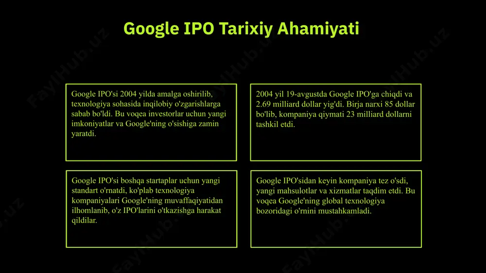 tsiyalaridan yuqori qaytish olish imkonini beradi. ipo jarayonidagi yondashuvlar google ipo jarayonida innovatsion yondashuvlarni qo'lladi, masalan, ochiq va shaffof kommunikatsiya. bu investorlar bilan ishonchni oshirish va bozorning ijobiy ta'sirini ta'minlashda muhim ahamiyatga ega. investorlar uchun google iponing afzalliklari google ipo investorlar uchun quyidagi afzalliklarni taqdim etadi: - o'sish potentsiali: google ipo orqali aksiyalarining qiymati oshishi kutilmoqda. - diversifikatsiya: investorlar o'z portfelini kengaytirish imkoniyatiga ega bo'ladilar. - innovatsiyalar: google yangi texnologiyalarni yaratish va rivojlantirish orqali investorlarni jalb qiladi. google ipo investorlar uchun yangi imkoniyatlar yaratadi: - bozor ulushini oshirish: yangi investorlar kiritilishi bilan kompaniya bozorida raqobat kuchayishi mumkin. - global kengayish: google dunyo bo'ylab o'z biznesini kengaytirishi, investorlar uchun yangi imkoniyatlar yaratishi mumkin. ipodan keyin investorlar uchun strategik tavsiyalar: - bozorni izohlash: investorlar bozor tendensiyalarini diqqat bilan kuzatishlari zarur. - diversifikatsiya: faqat google aksiyalariga emas, balki boshqa kompaniyalarga ham investitsiya qilish tavsiya etiladi. - uzun muddatli strategiya: tezkor foyda olishdan ko'ra, …
