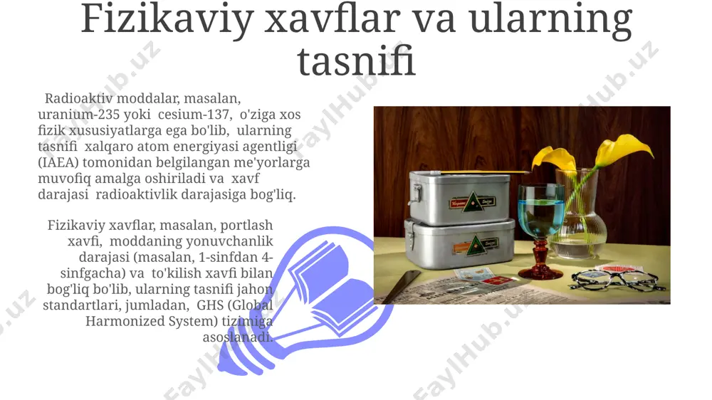 di, masalan, yonuvchan moddalar uchun qizil rangli raqam 2, o'zbekiston hududida ham qo'llaniladi. xavfli moddalar bo'yicha treninglar samarqanddagi 2 haftalik intensiv treninglar davomida 7 ta turli xavfli moddalarni aniqlash va ular bilan ishlash usullari, shuningdek, 5 ta favqulodda vaziyatlarga javob berish strategiyasi o'rgatiladi. andijon viloyatida o'tkaziladigan xavfli moddalar bo'yicha treninglar 3 turdagi xavf darajalarini (past, o'rta, yuqori) o'z ichiga olib, 15 nafar ishtirokchi uchun mo'ljallangan va xalqaro standartlarga muvofiqdir. ekologik xavflar va ularning tasnifi toshkent shahrida radioaktiv chiqindilarning notoʻgʻri saqlanishi tufayli 30 yil davomida 1000 dan ortiq geokimyoviy oʻzgarishlar kuzatilgan, bu yer osti suvlarining ifloslanishi va oʻsimliklarning nobud boʻlishiga sabab boʻlgan. oʻzbekistonning 5 ta yirik shahrida havo ifloslanishining asosiy manbalari – avtotransport va sanoat korxonalari boʻlib, ularning chiqindilari nafas olish yoʻllari kasalliklarining koʻpayishiga olib keladi, bu esa 1-toifa ekologik xavf hisoblanadi. xavfli moddalarni tasniflash tizimlari aqshning osha (occupational safety and health administration) tizimi ish joyidagi xavflarni nazorat qilish uchun 29 …