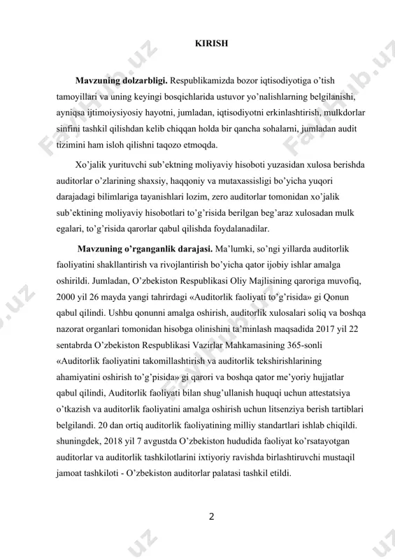 auditorlik faoliyatini amalga oshirish uchun litsenziya berish tartiblari belgilandi. 20 dan ortiq auditorlik faoliyatining milliy standartlari ishlab chiqildi. shuningdek, 2018 yil 7 avgustda o’zbekiston hududida faoliyat ko’rsatayotgan auditorlar va auditorlik tashkilotlarini ixtiyoriy ravishda birlashtiruvchi mustaqil jamoat tashkiloti - o’zbekiston auditorlar palatasi tashkil etildi. mavzuning predmeti. mamlakatimizda iqtisodiyotni liberallashtirish va modernizatsiyalash, bozor islohotlarining yanada chuqurlashtirilishi natijasida yildan yilga salmoqli natijalar qo’lga kiritilib, barqaror iqtisodiy o’sish yo’nalishi mustahkamlanib bormoqda. bunda hukumatimiz tomonidan ishlab chiqilgan iqtisodiy siyosatning to’la va izchil amalga oshirilishi, iqtisodiyotning muhim ustuvor tarmoqlarining belgilab berilishi hamda ularni rivojlantirish bo’yicha «audit» fanini chuqur o’rganish moliya, soliq, bank ishi va boshqa iqtisodiy sohalardagi muammolarni hal qilishda muhim rol o’ynaydi. soliqlar va soliqqa tortish yo’nalishidagi mutaxassislar mamlakatimizda amalga oshirilayotgan soliq islohotlarining ma’no-mohiyatini anglashi, iqtisodiy bilimlarga ega bo’lishi bilan bir qatorda xo’jalik yurituvchi sub’ektlarning byudjet oldidagi qarz majburiyatlarini hisobini yuritish tartiblarini, soliqlar va boshqa majburiy ajratmalar hisob-kitoblarini hamda hisobotlarini tekshirish ko’nikmalarga ega bo’lishi zarur. …