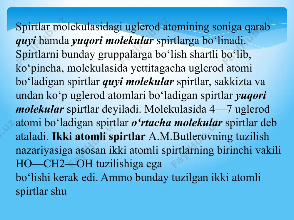 ndan ikkitasi optik aktiv 7 tasi optik noaktiv. ularda axamiyatlisi mеzonoinozit xisoblanadi. mеzoinozit xavon organizmida (jigar, buyrak, miya va tuqimalarda). usimliklarda xam uchraydi m.nuxat, quziqorin v.x. mikororganizmlarda uchraydi. molеkulyar formulasi c6h12 o6 glyukozеnin molеkulyar formulasiga uxshaydi. u shirin ta'mli kristal modda shuning uchun uni kup vaqt monosaxarid dеb xisob -lagan. ayrim xayvonlar uchun kеrakli vitaminli xisoblanadi. aminospirtlar ba`zi bir lipidlar tarkibida spirtlarning aminli hosilalari – xolin, kolamin, sfingozinlar uchraydi. xolin o`simliklar dunyosida juda ham keng tarqalgan birikma. formulasi [ch2oh-ch2n(ch3)3]+oh- xolin juda ham gigroskopik, shu sababli uning kristallari havo bilan ta`sirlashganda qiyomsimon suyuqlikga aylanadi. xolin kuchli ishqoriylik namoyon etadi va uning suvli eritmalari havodan co2 ni yutadi. suv va spirt bilan qo`shiladi, benzin, benzol va efirda erimaydi. kislotalar bilan xolin tuzlar hosil qiladi. xolin tirik organizmlar xayotida juda muhim rol o`ynaydi. moddalar almashinuvida ishtirok etadi, jigarda ortiqcha yog` to`planishining oldini oladi, shu sababli jigar tsirrozi kasalini davolashda qo`llaniladi. xolin barcha tirik …